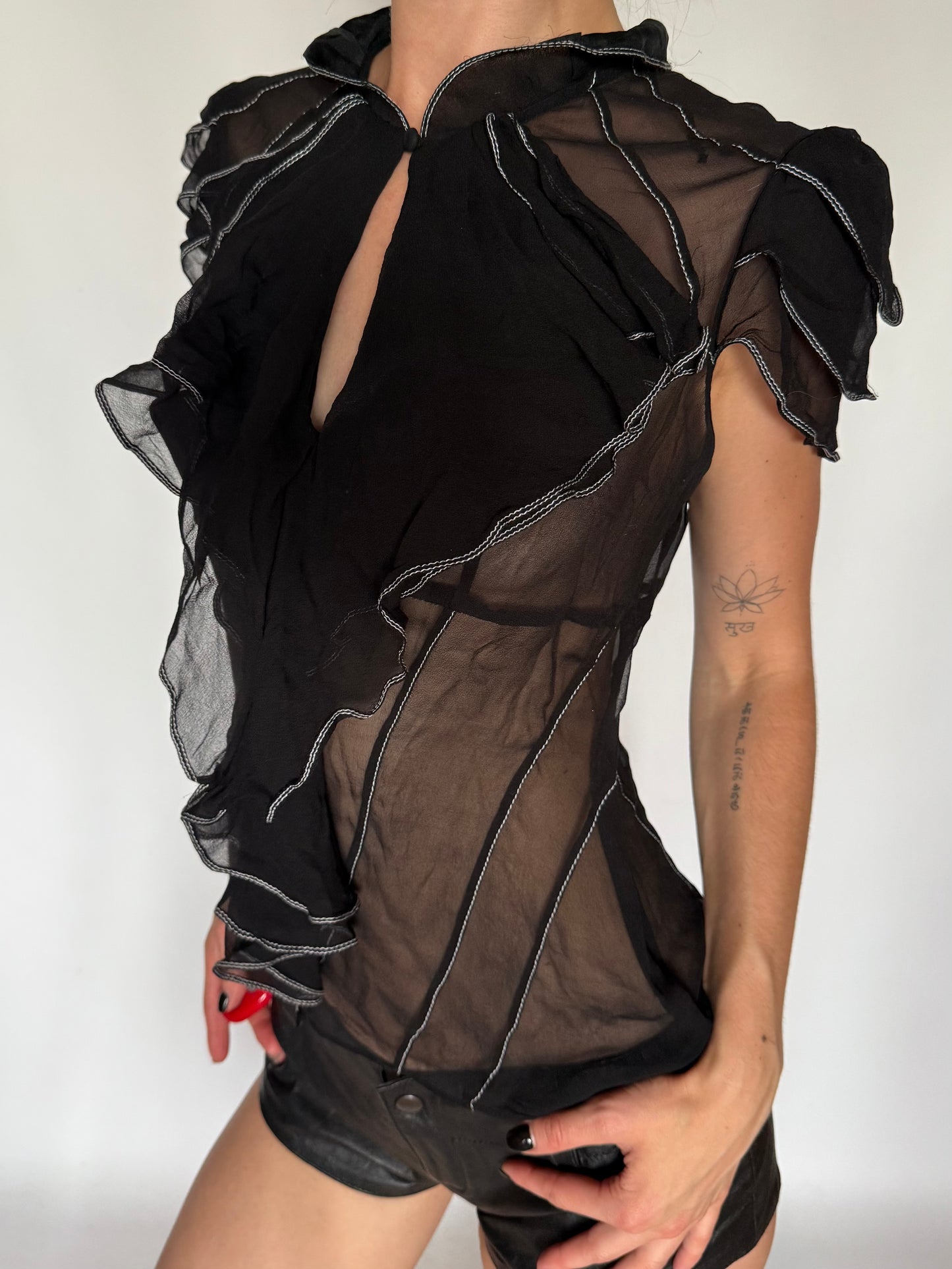 Vintage Silky Sheer Ruffle Mesh Blouse Black Twinkling Global