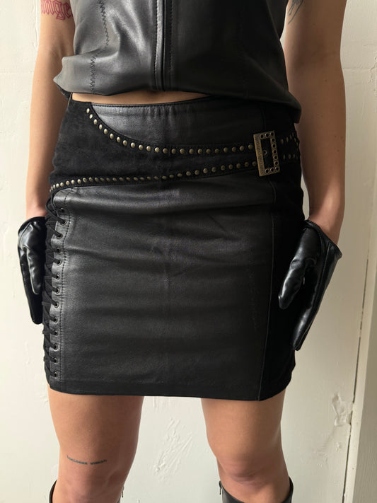 Vintage leather mini skirt with suede inserts and lace-up detail TWINKLING GLOBAL