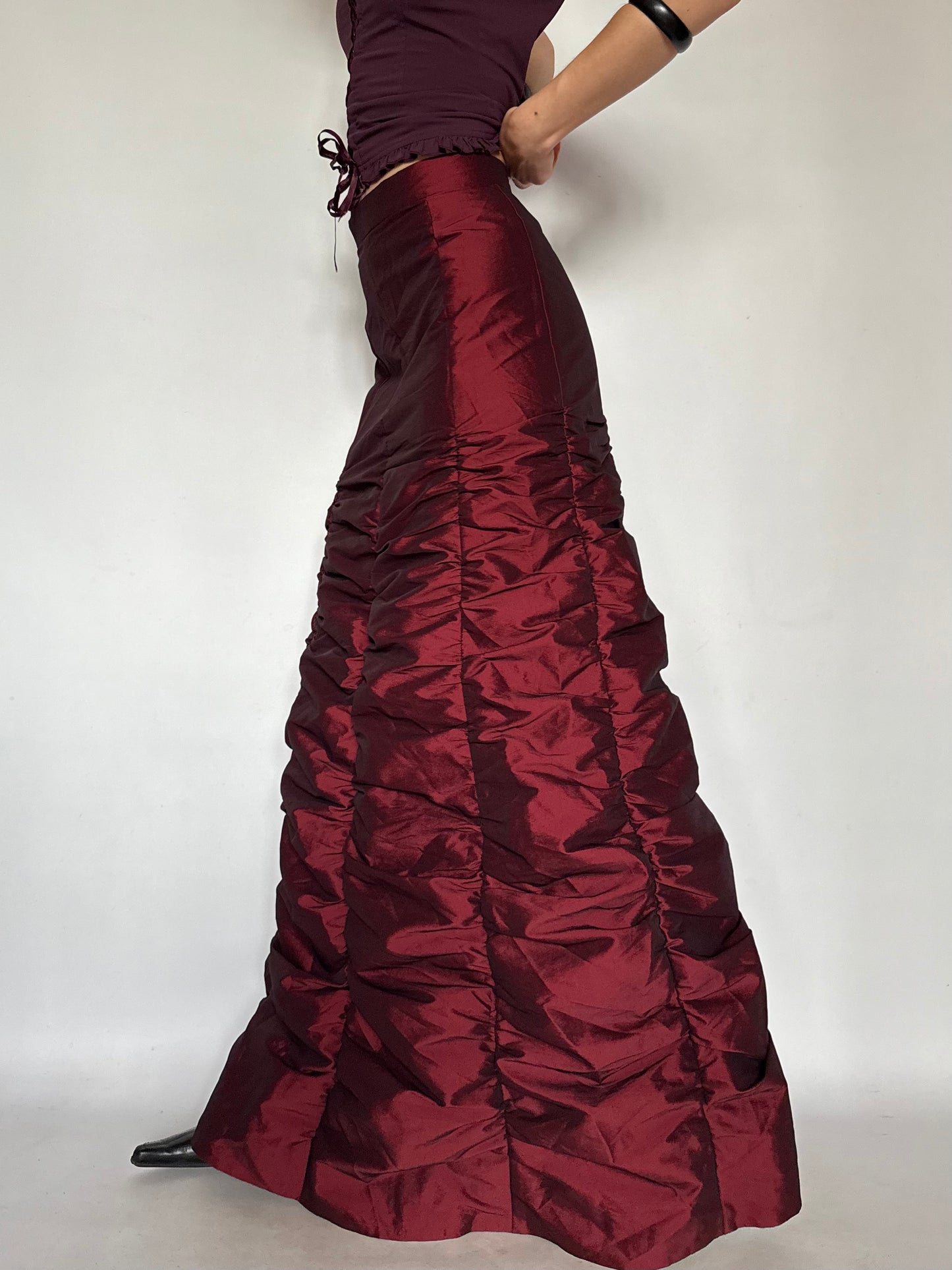 Vintage Burgundy Ruched Maxi Skirt – Twinkling Global