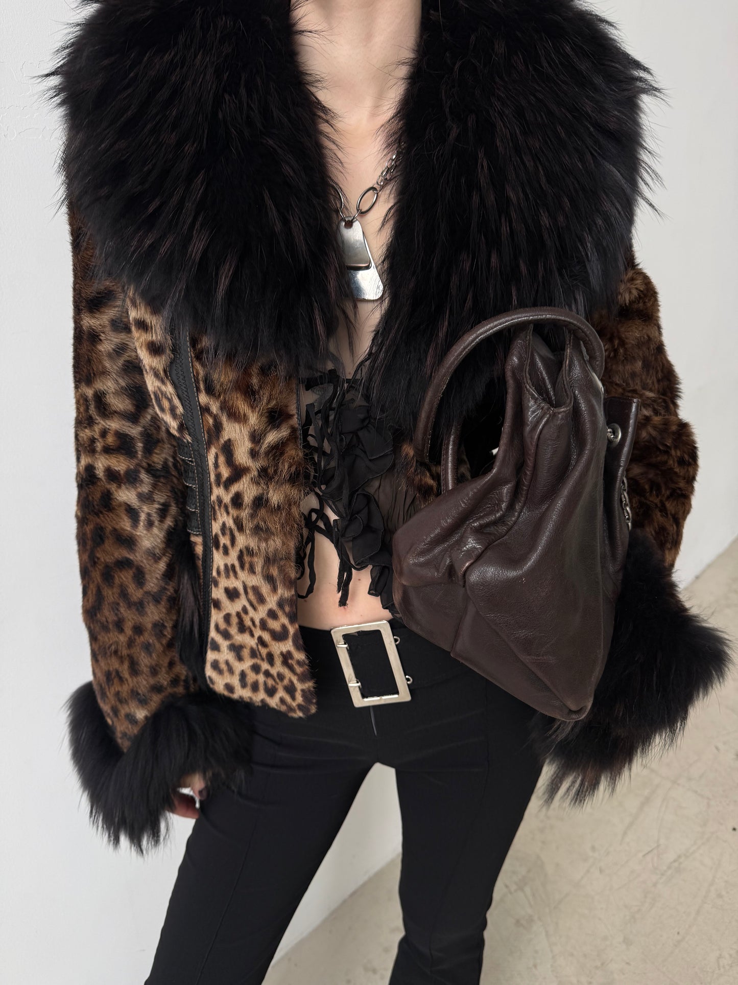 Vintage leather jacket with natural fur and leopard pattern TWINKLING GLOBAL
