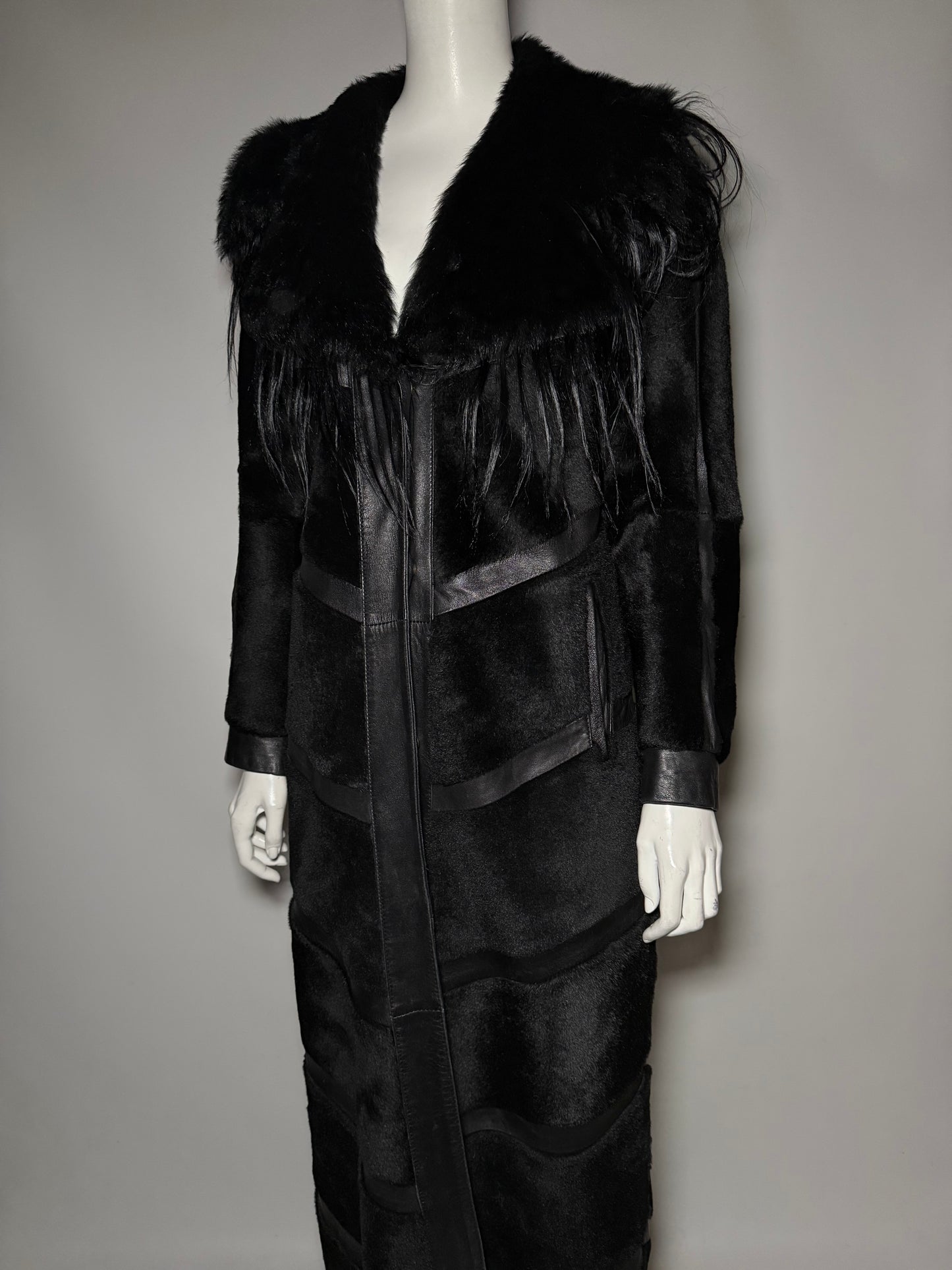 Vintage Black Leather Long Coat with Real Fur TWINKLING GLOBAL