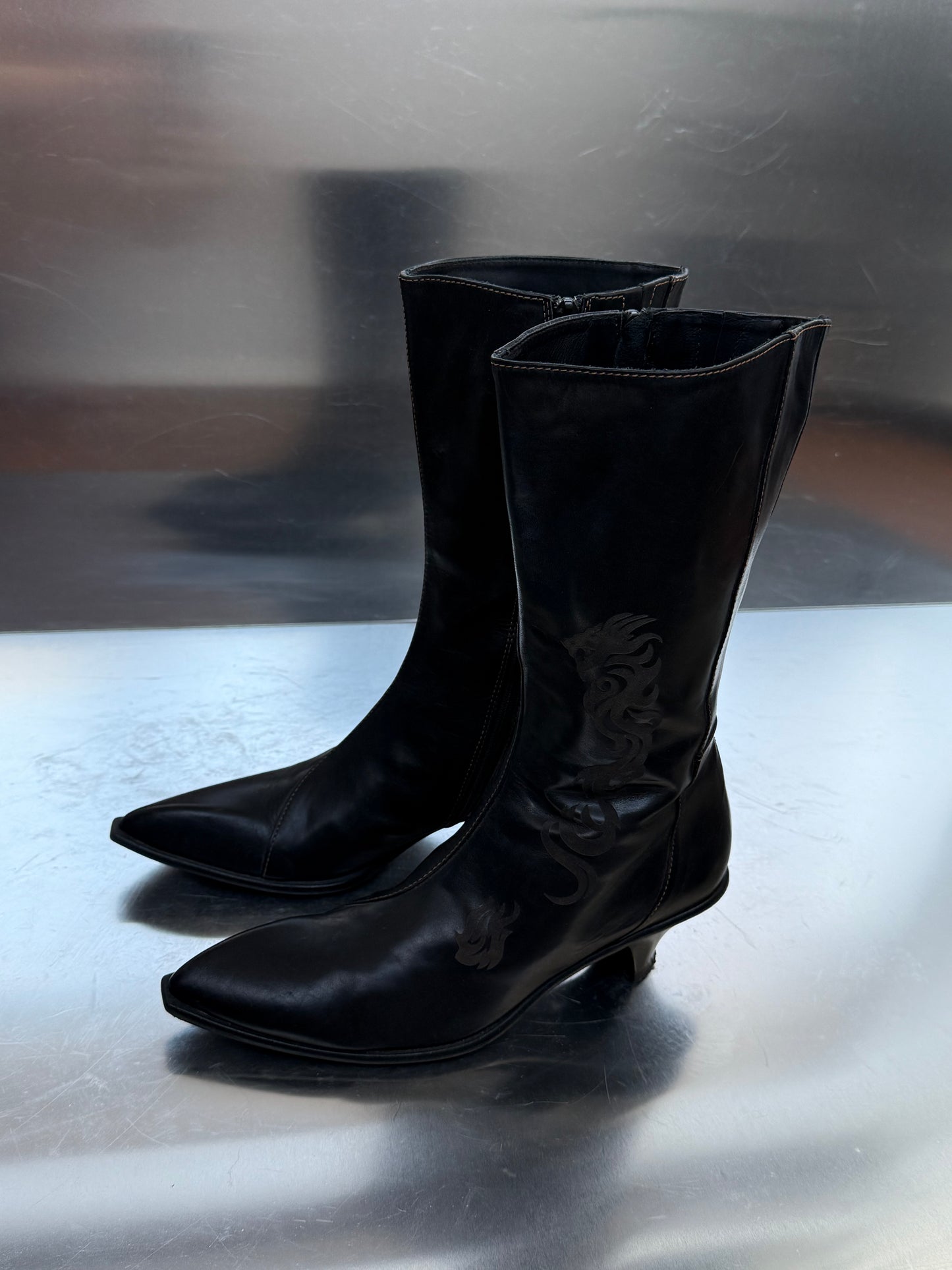 Vintage Black Leather Boots with Tribal Detail Twinkling Global