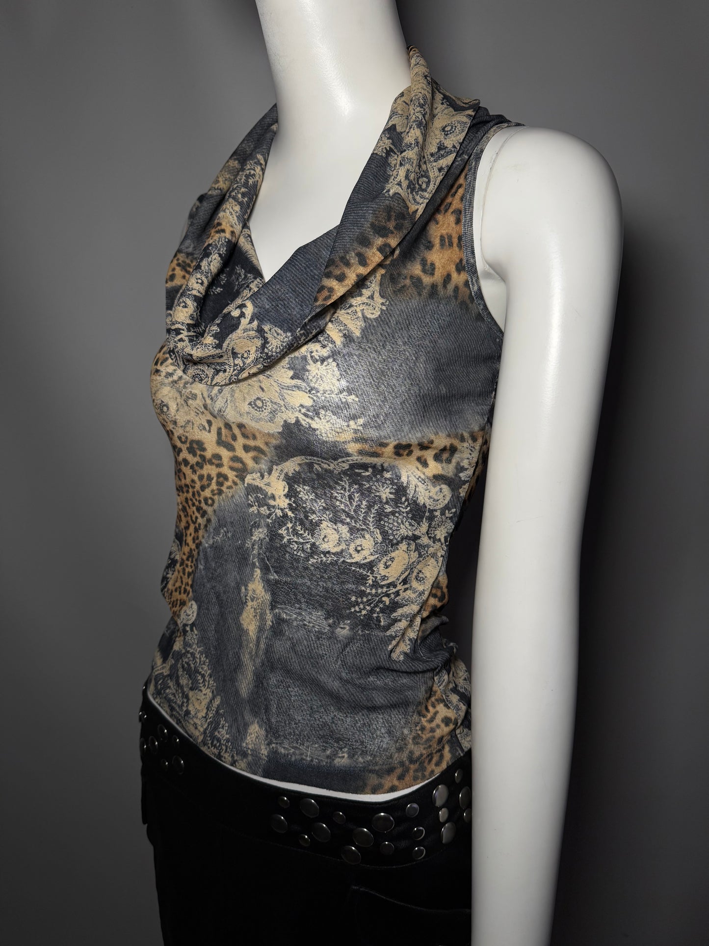 Vintage Cowl Neck Mesh Top with Leopard Print TWINKLING