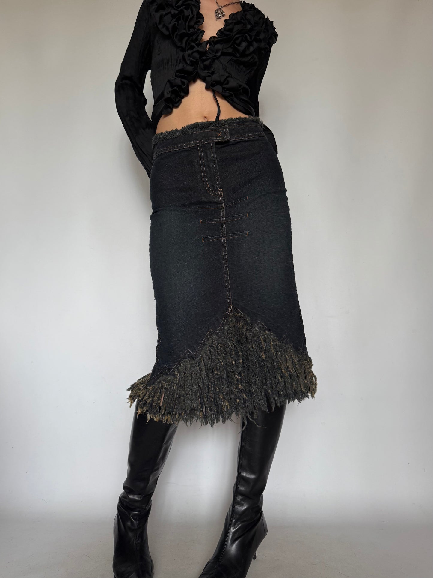 Vintage Denim Skirt with Fringe Hem Twinkling Global