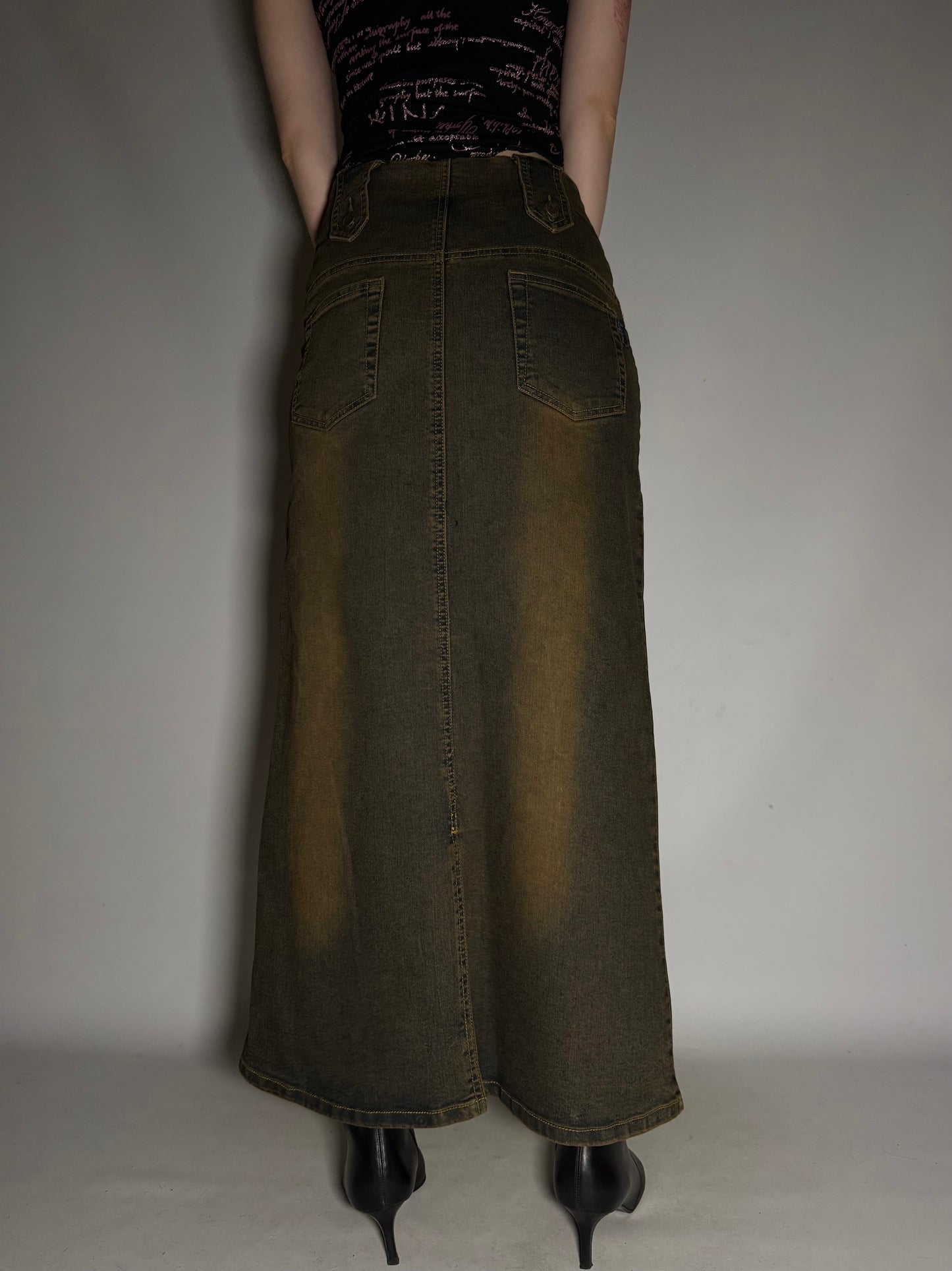 Rust-Toned Stretch Denim Maxi Skirt  Twinkling