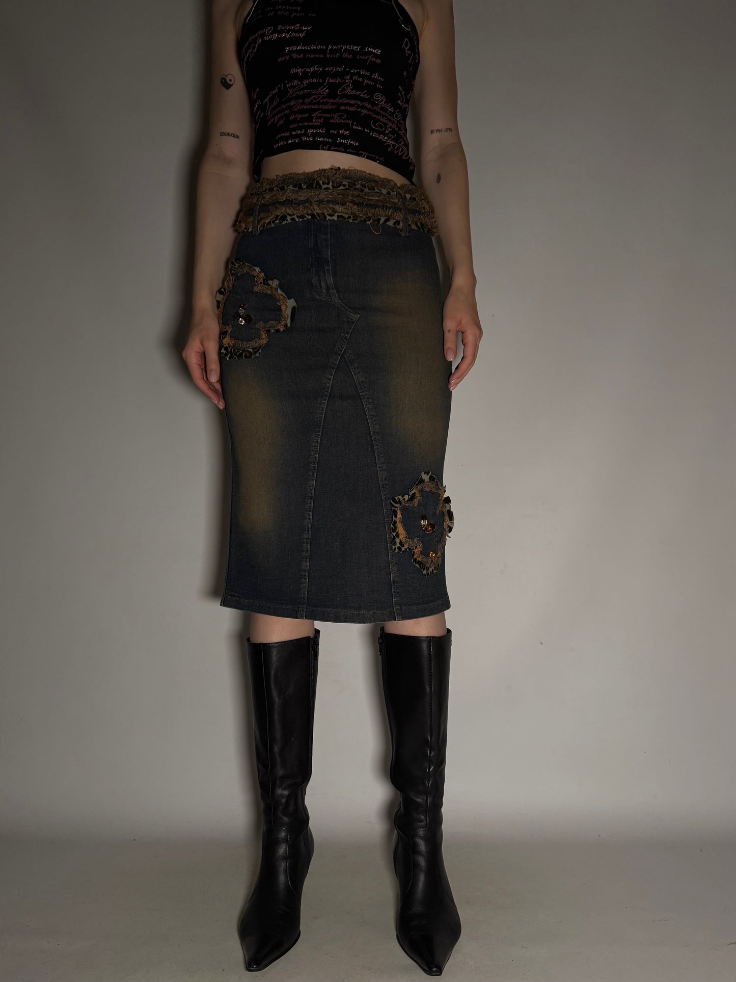 Y2K Leopard Patch Stretch Denim Pencil Skirt Twinkling