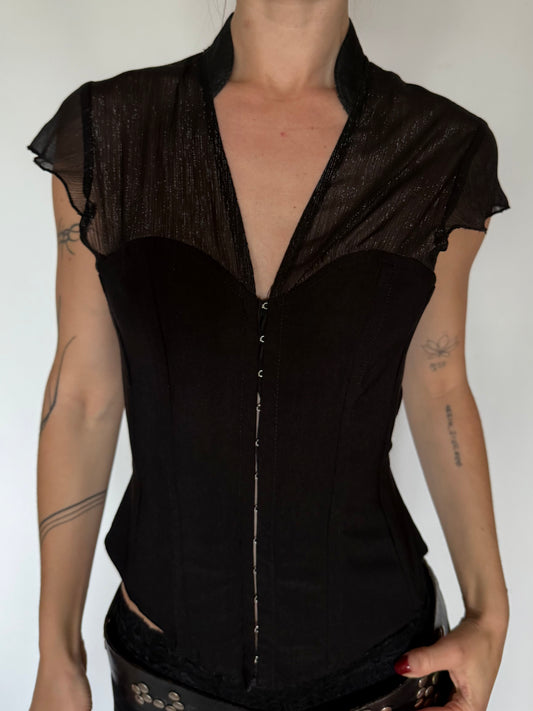 Vintage Black Corset Top with Sheer Sleeves Twinkling Global