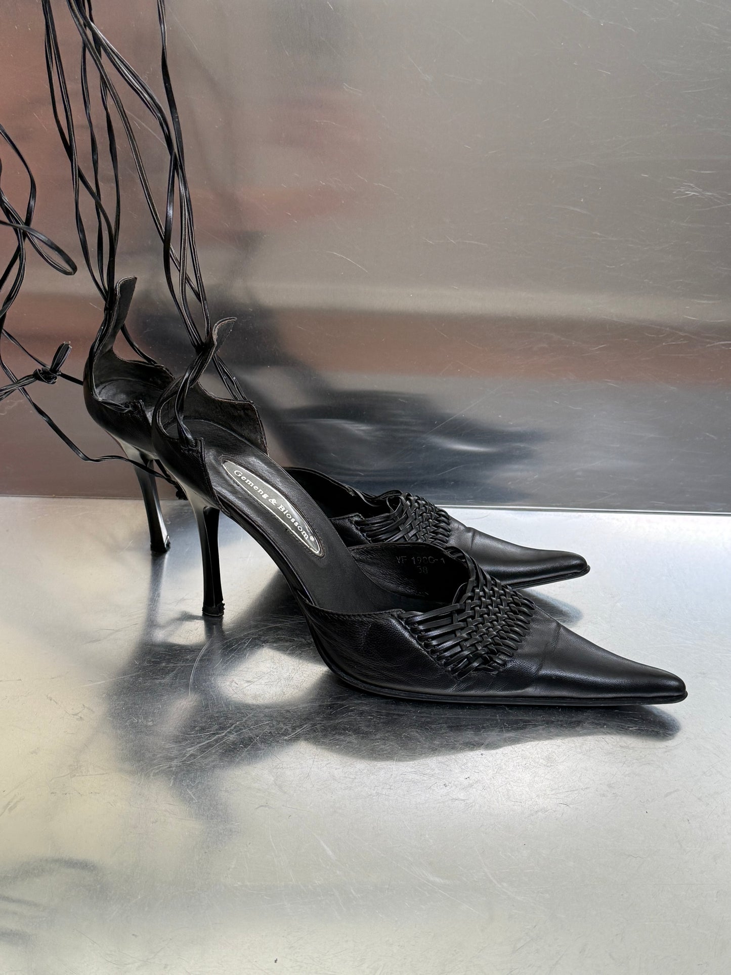 Vintage Black Leather Heels with Lace-Up Straps  Twinkling
