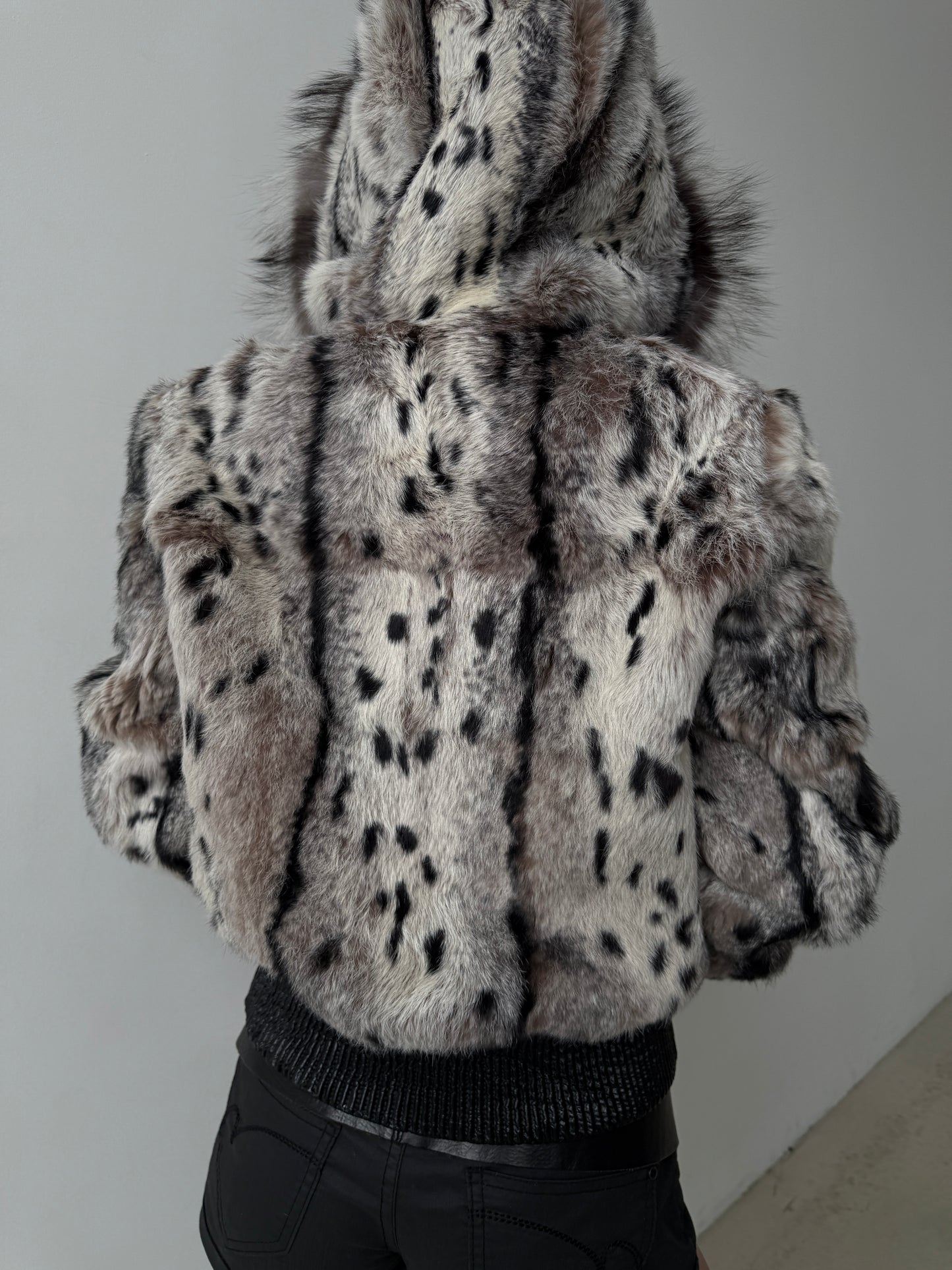 Vintage genuine leather jacket with natural rabbit fur and hood TWINKLING GLOBAL