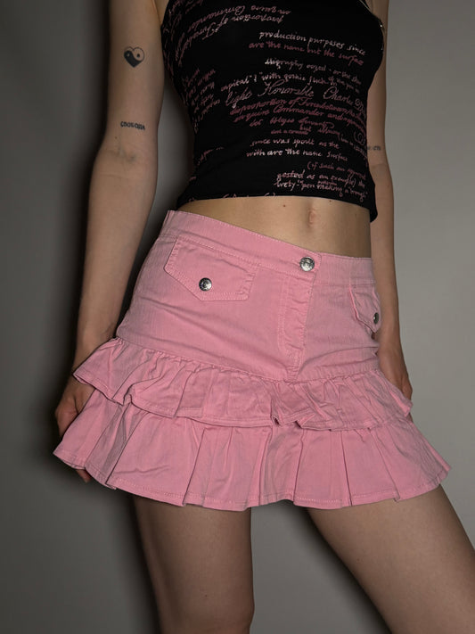 Y2K Pink Ruffle Denim Mini Skirt Twinkling