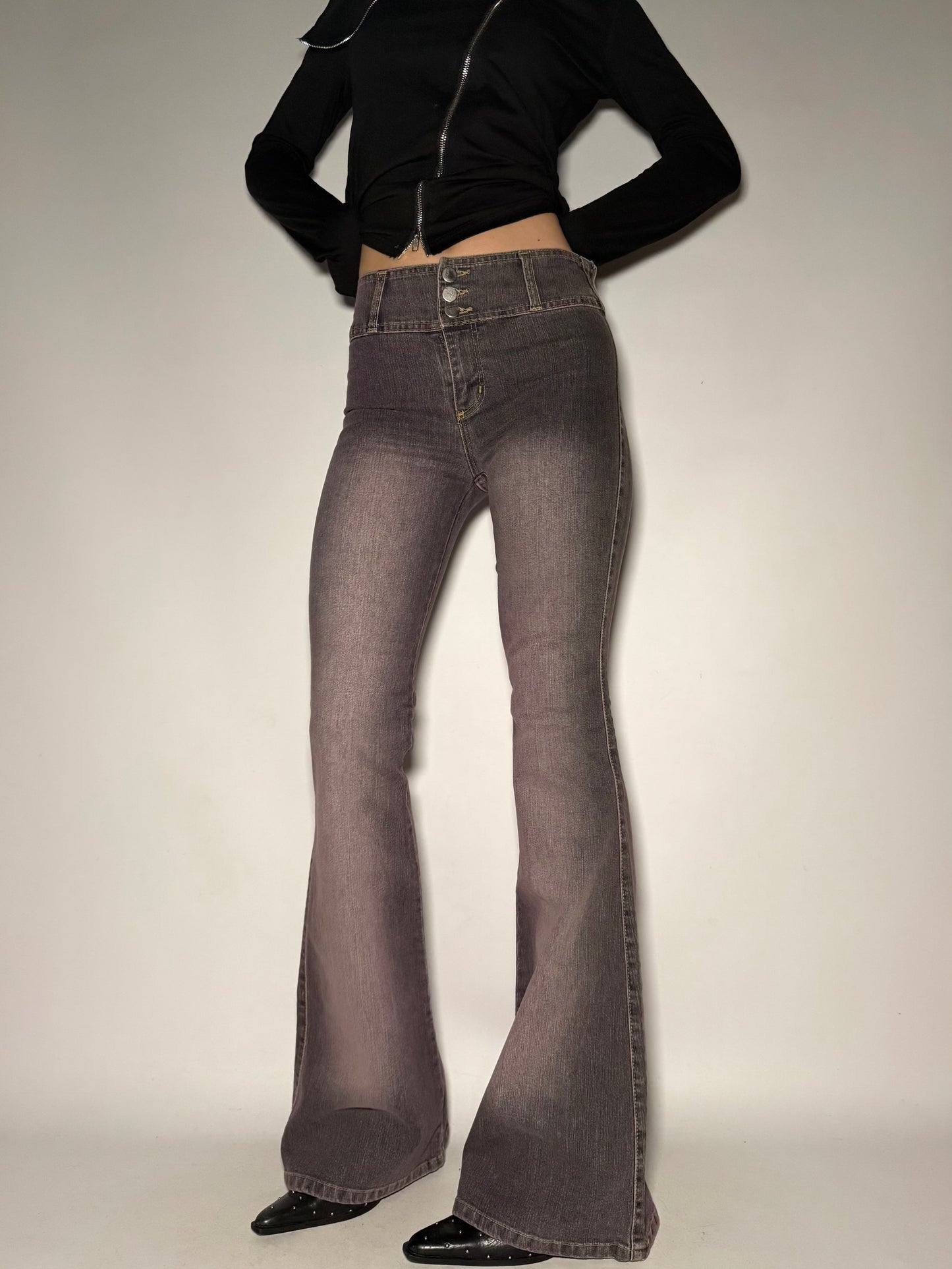 Grey-Pink Washed Stretch Flare Jeans Twinkling Global