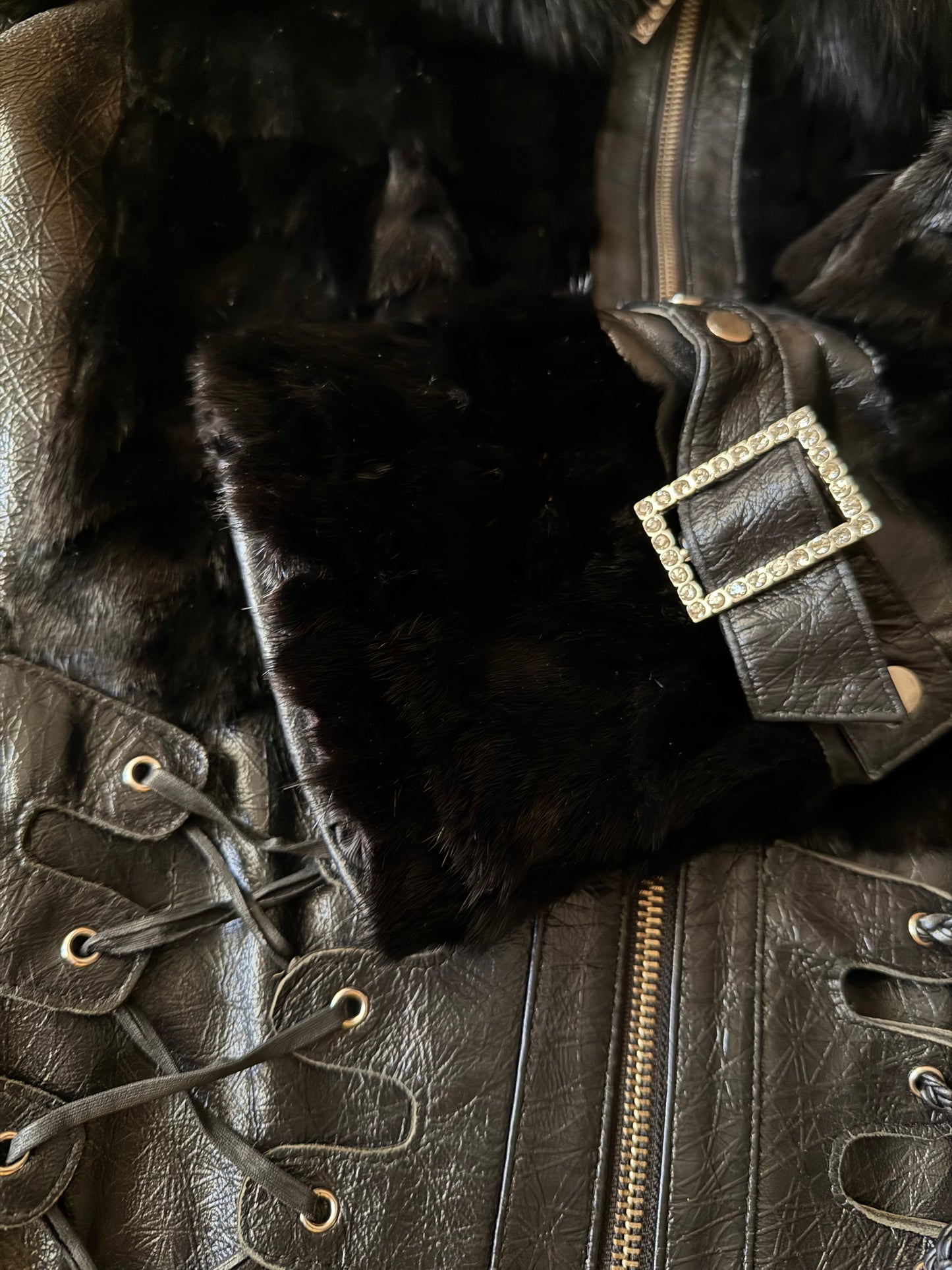 Vintage Leather & Real Fur Lace-Up Jacket TWINKLING GLOBAL