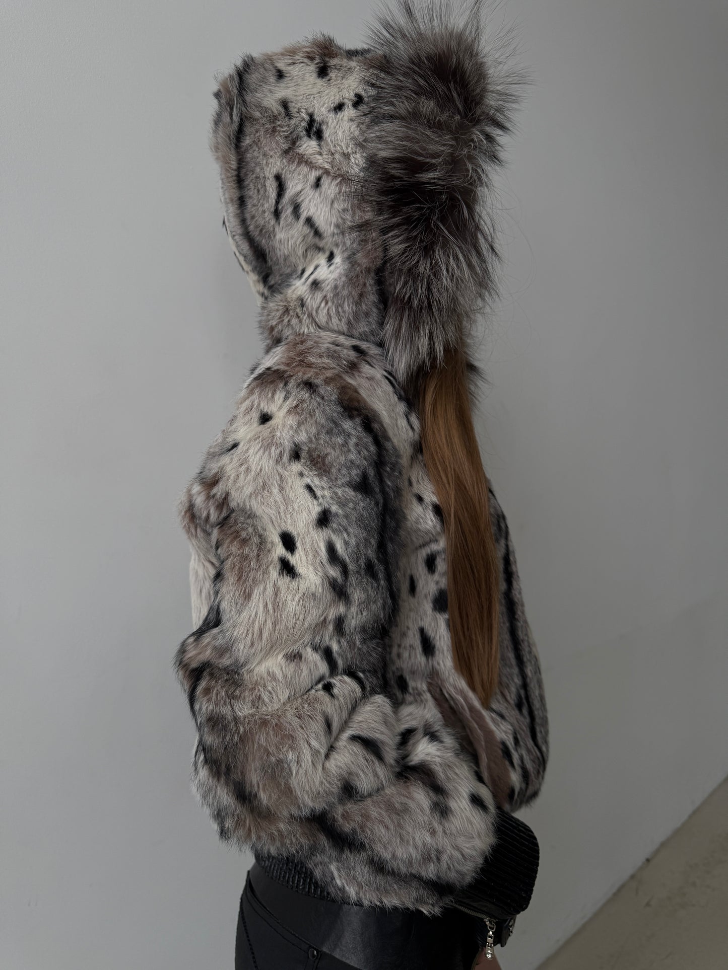 Vintage genuine leather jacket with natural rabbit fur and hood TWINKLING GLOBAL