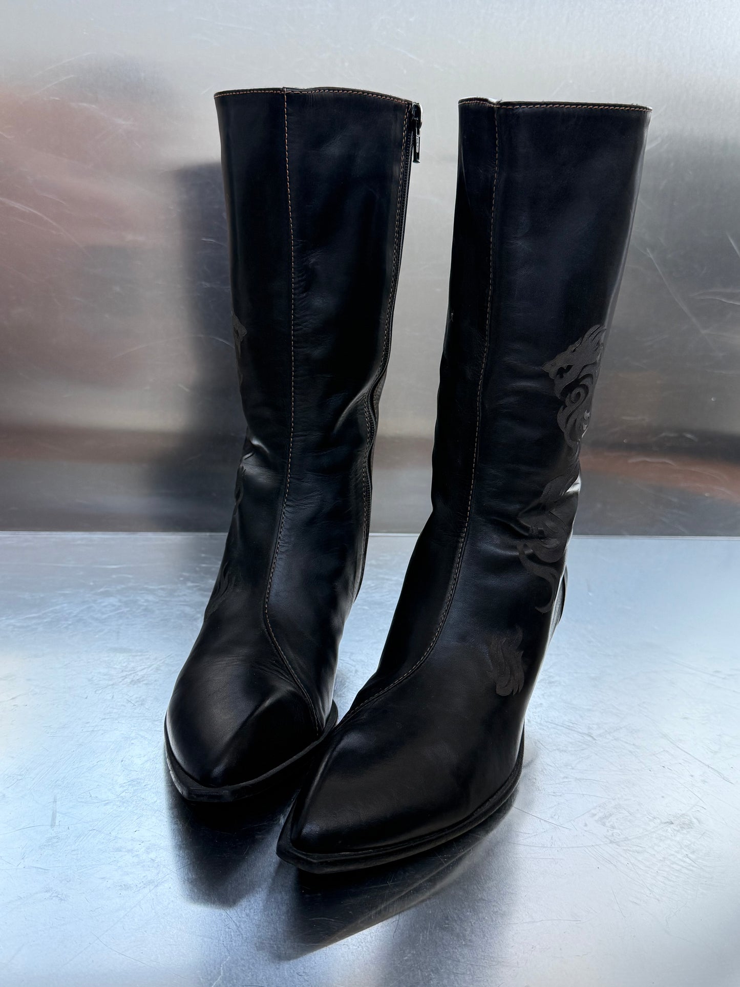 Vintage Black Leather Boots with Tribal Detail Twinkling Global