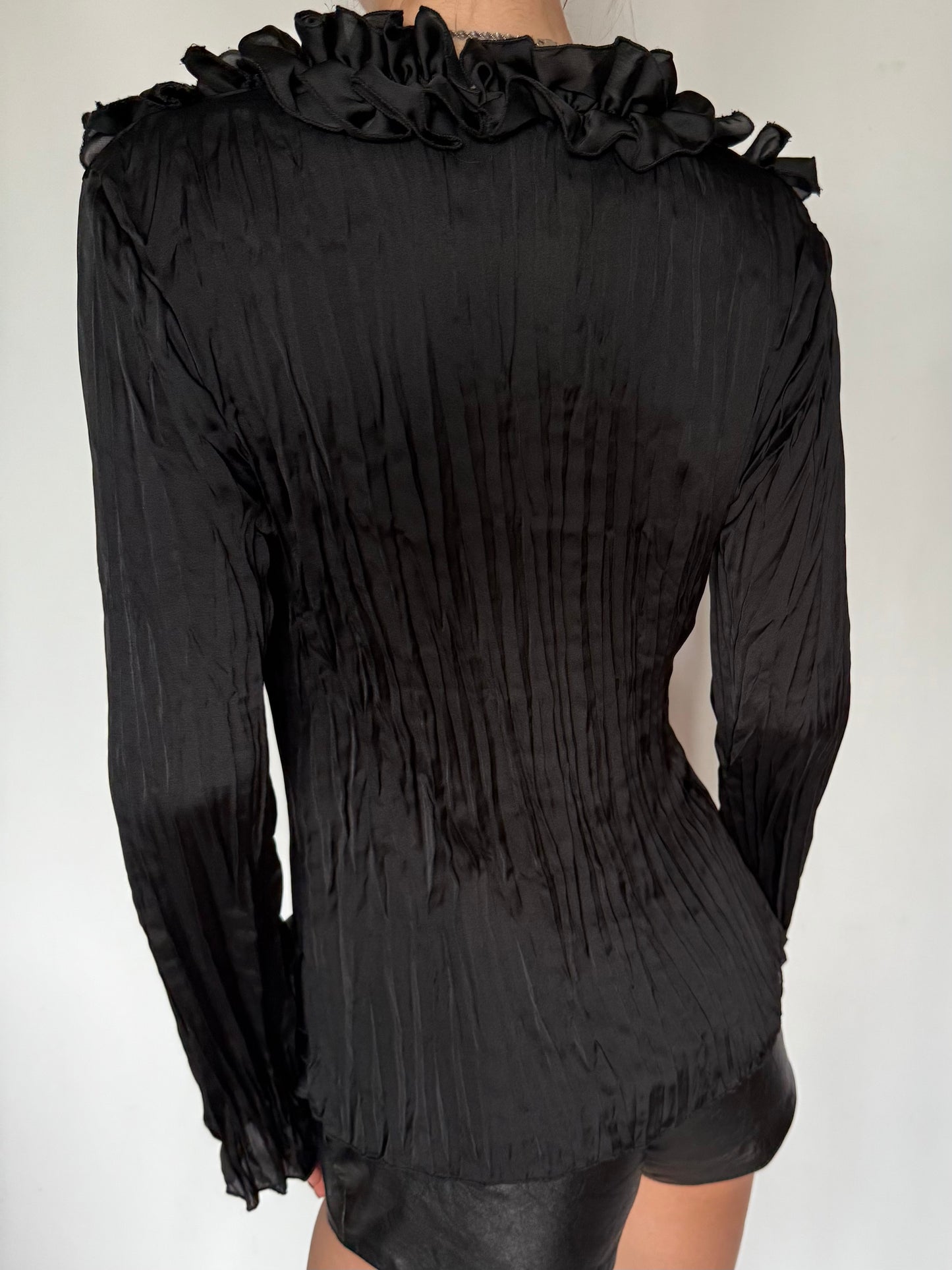 Vintage Satin Ruffle Peplum Blouse Black Twinkling Global