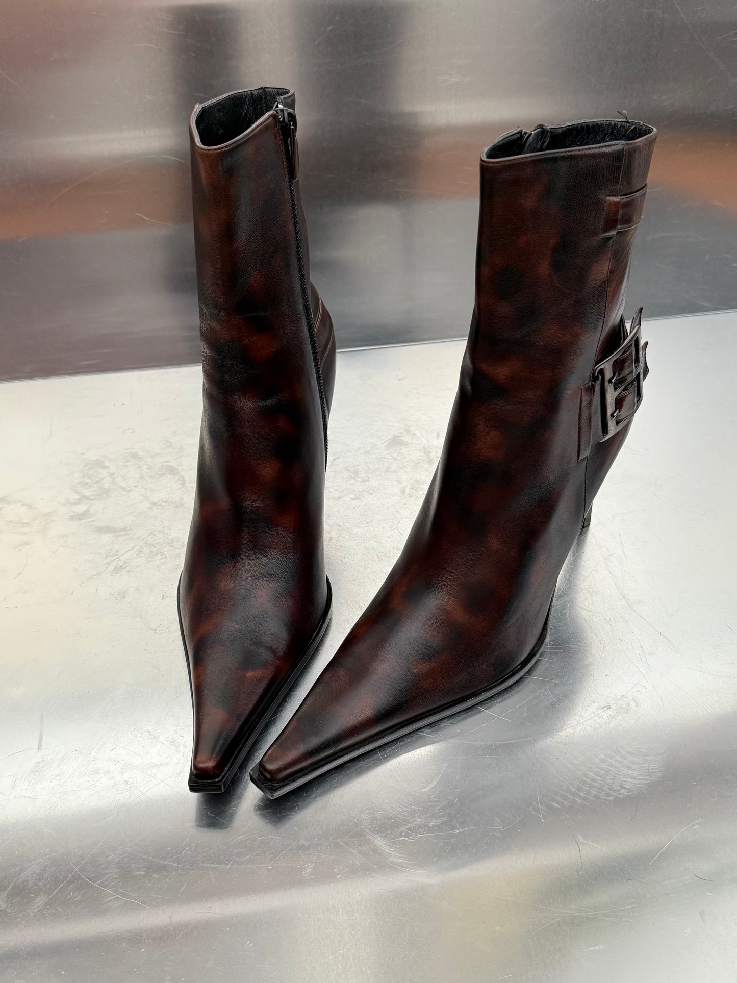 Vintage Brown Patterned Leather Ankle Boots Made in Italy Twinkling Global