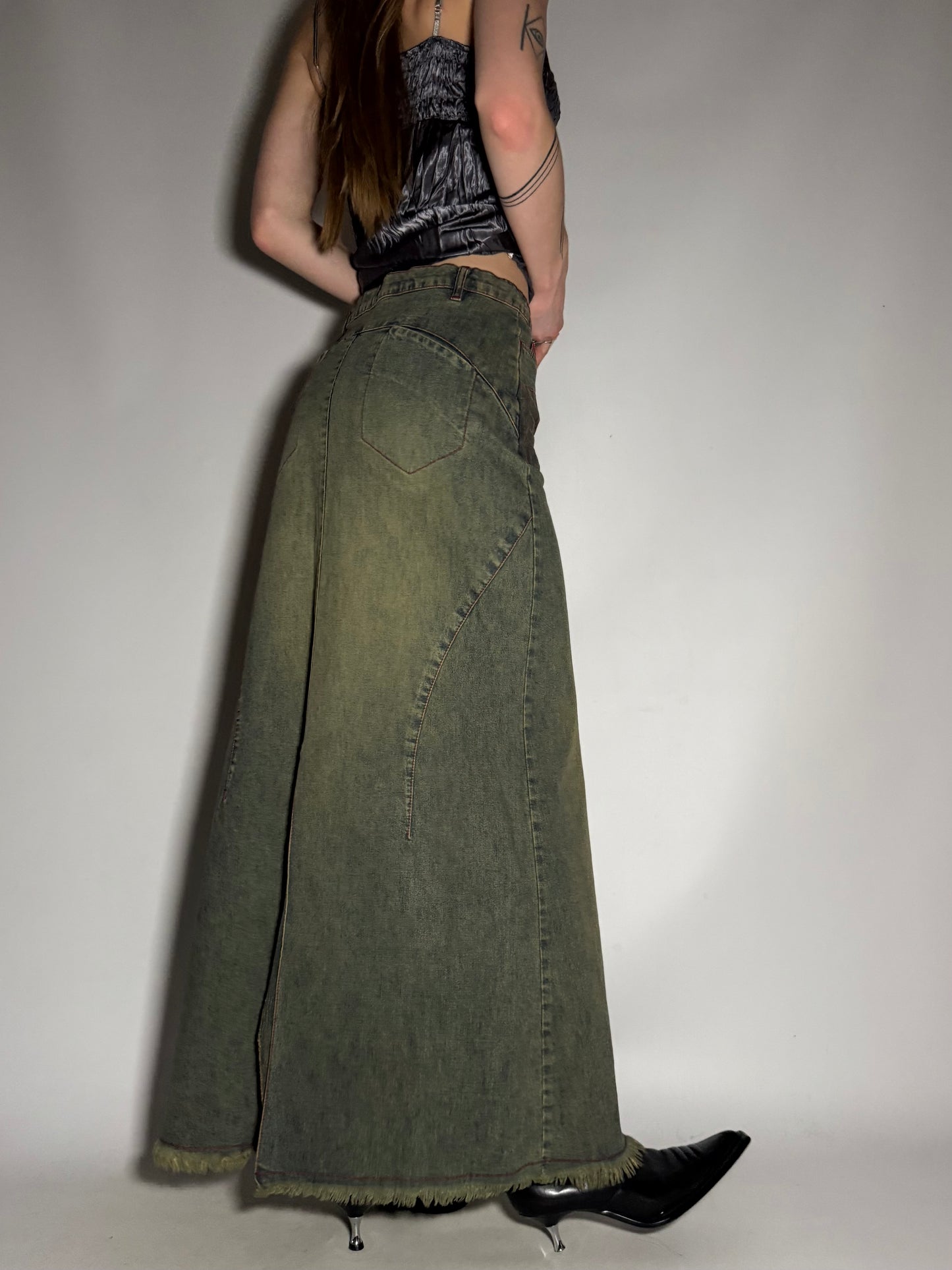 Vintage Maxi Denim Skirt with Flower Print and Contrast Stitching TWINKLING