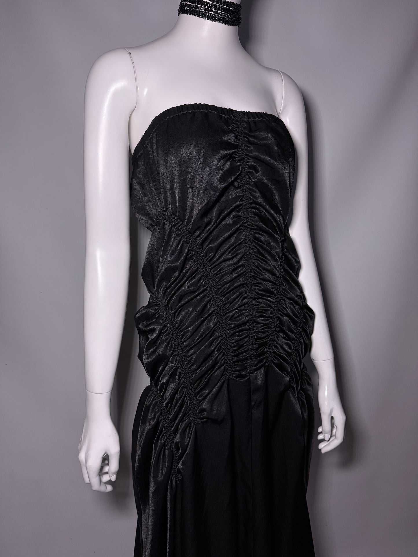 Y2K Strapless Black Ruched Satin Maxi Dress Twinkling
