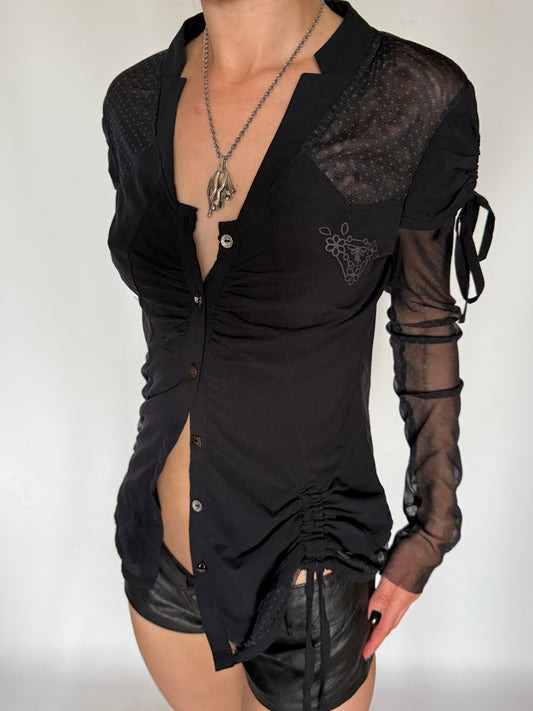 Vintage Ruched Mixed-Fabric Button Shirt Black Twinkling Global
