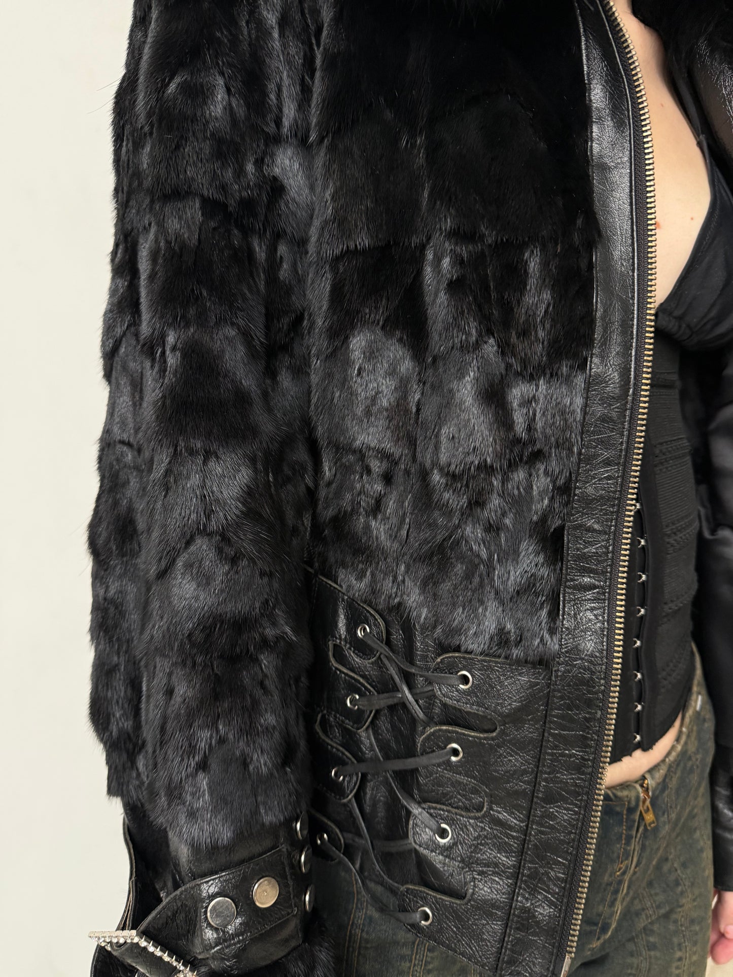 Vintage Leather & Real Fur Lace-Up Jacket TWINKLING GLOBAL