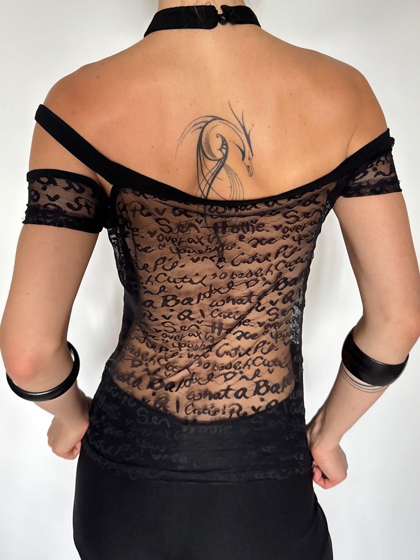 Vintage Black Sheer Mesh Top with Script Print – Twinkling Global