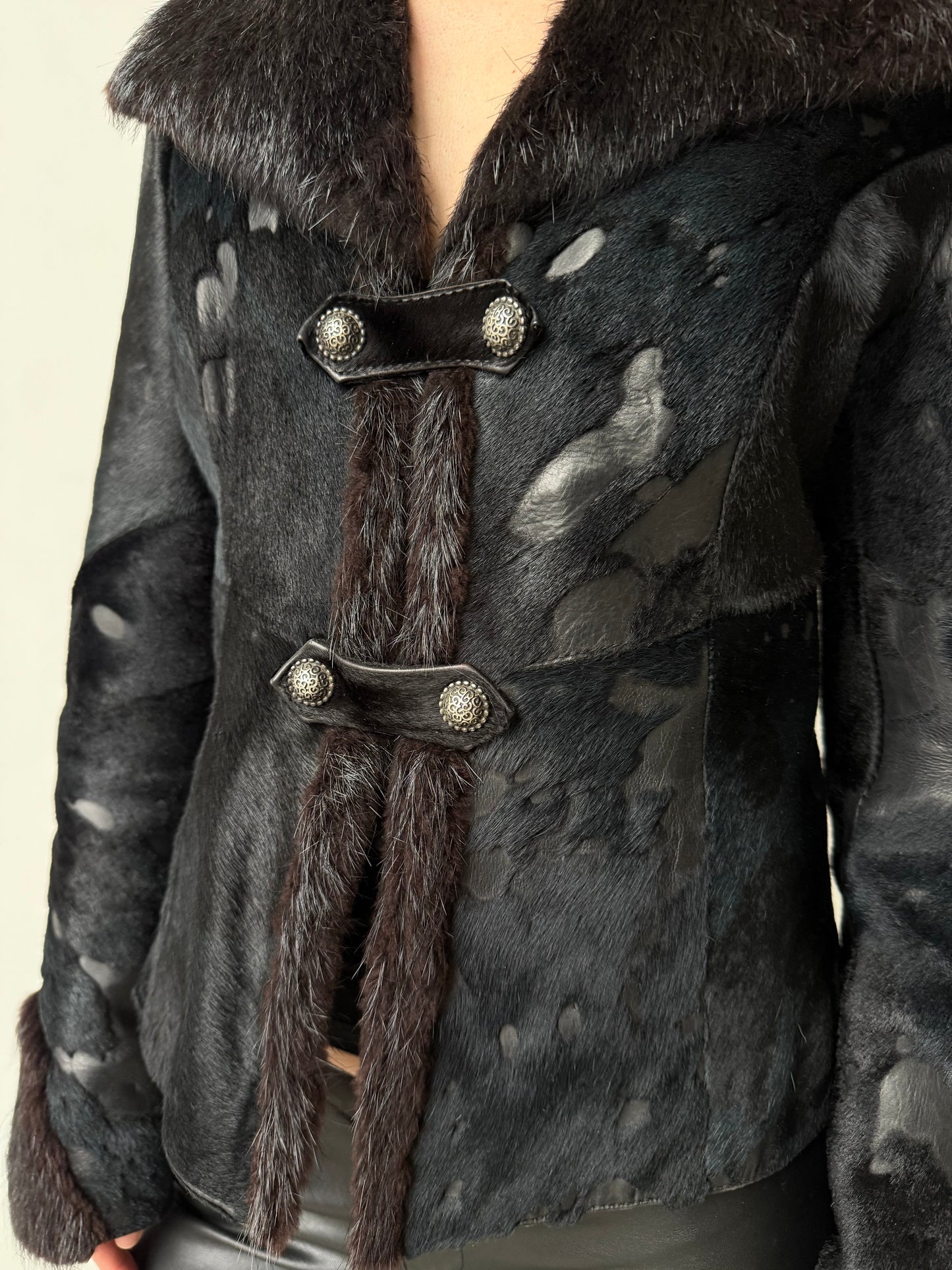 Vintage pony fur & leather fitted jacket – black-blue mix TWINKLING GLOBAL