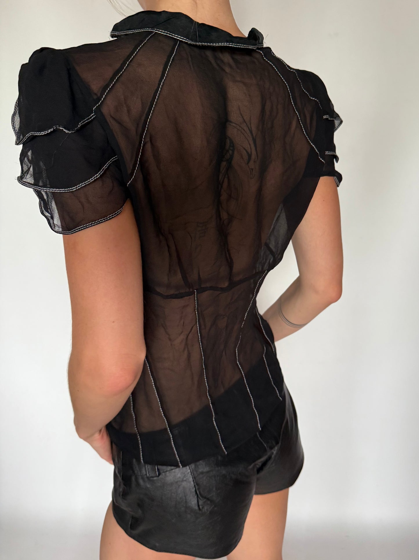 Vintage Silky Sheer Ruffle Mesh Blouse Black Twinkling Global