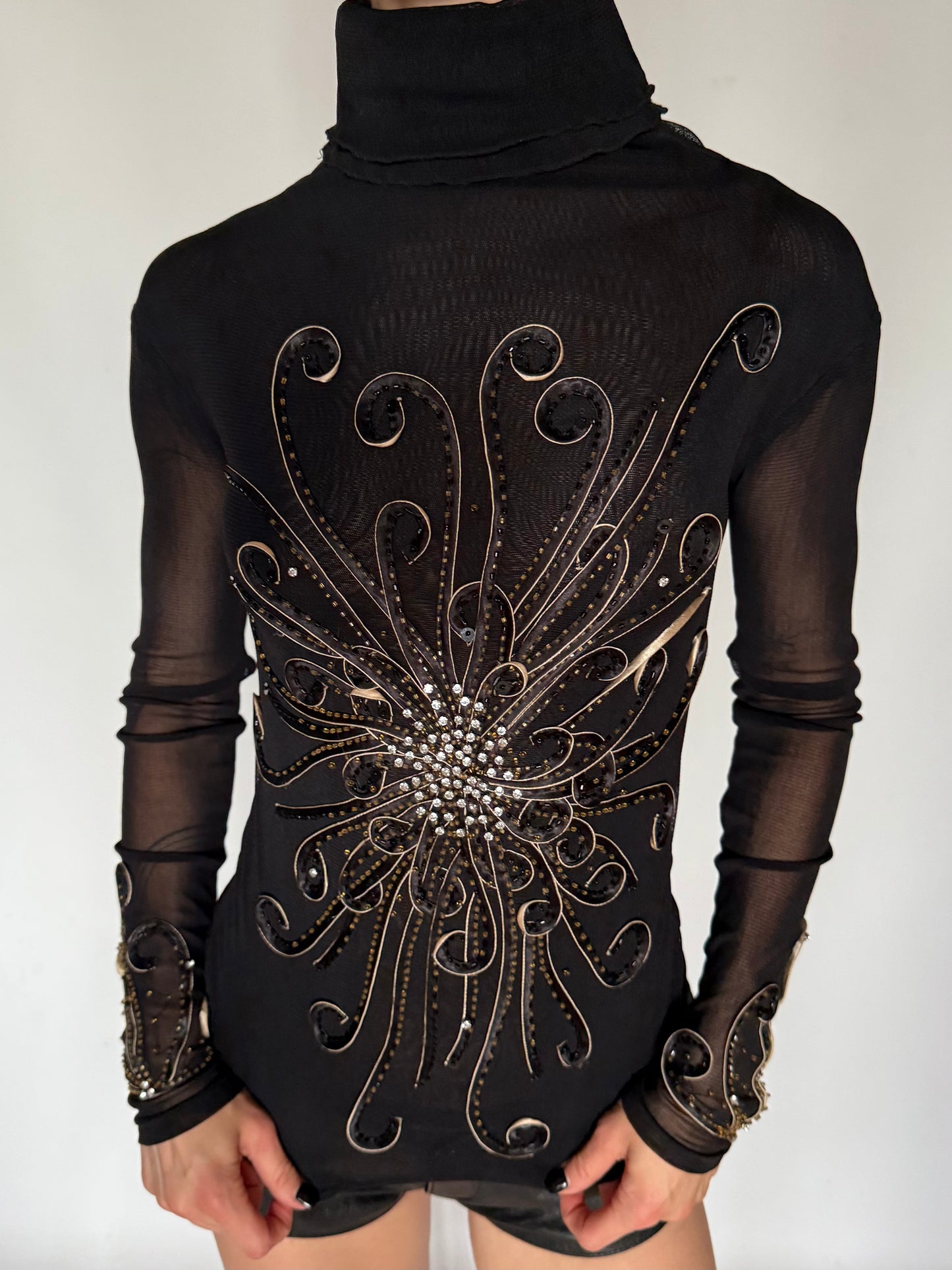 Vintage Embellished Sheer Turtleneck Blouse Black Twinkling Global