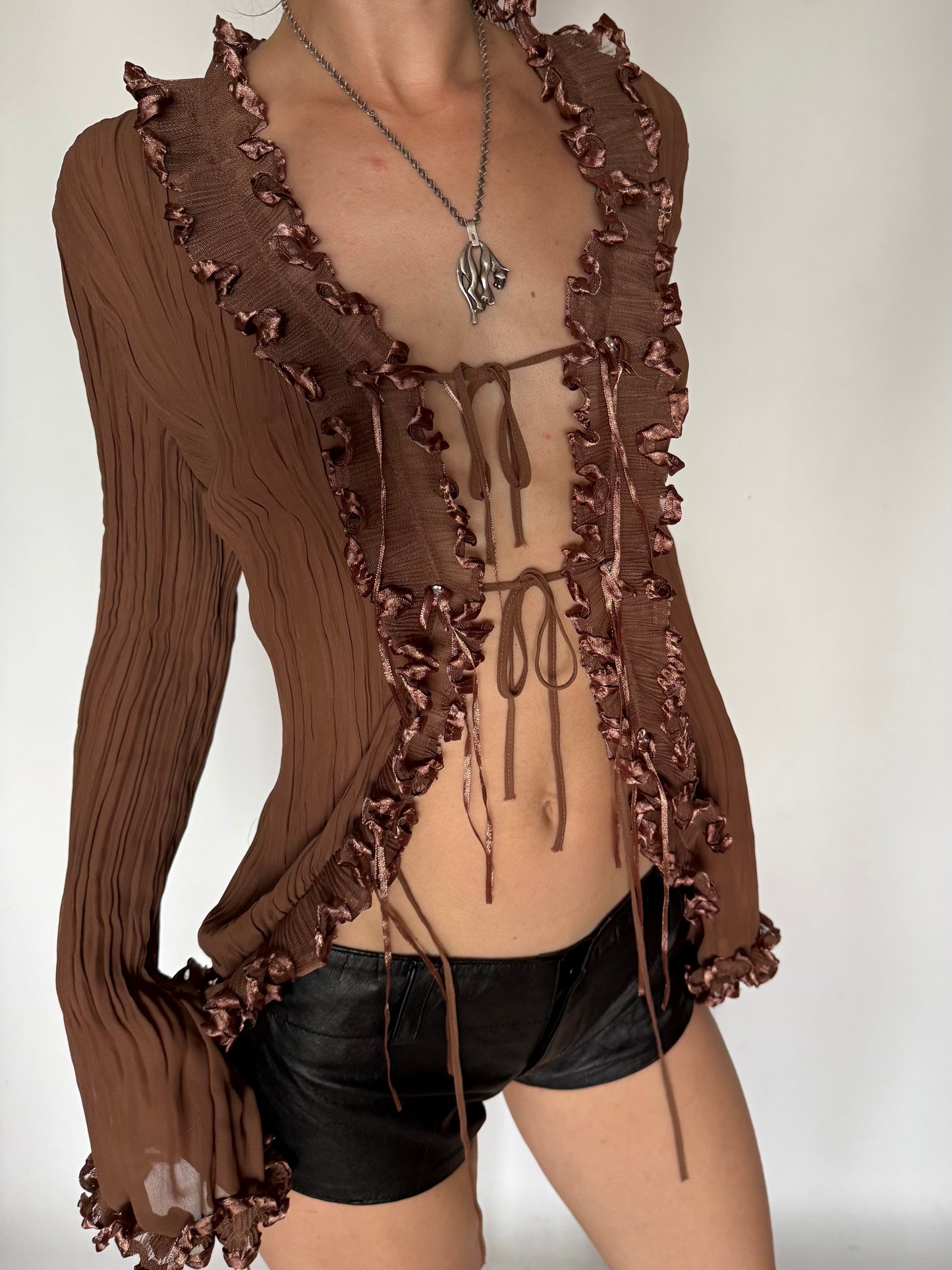 Vintage Cocoa Ruffle Tie-Front Blouse Twinkling Global
