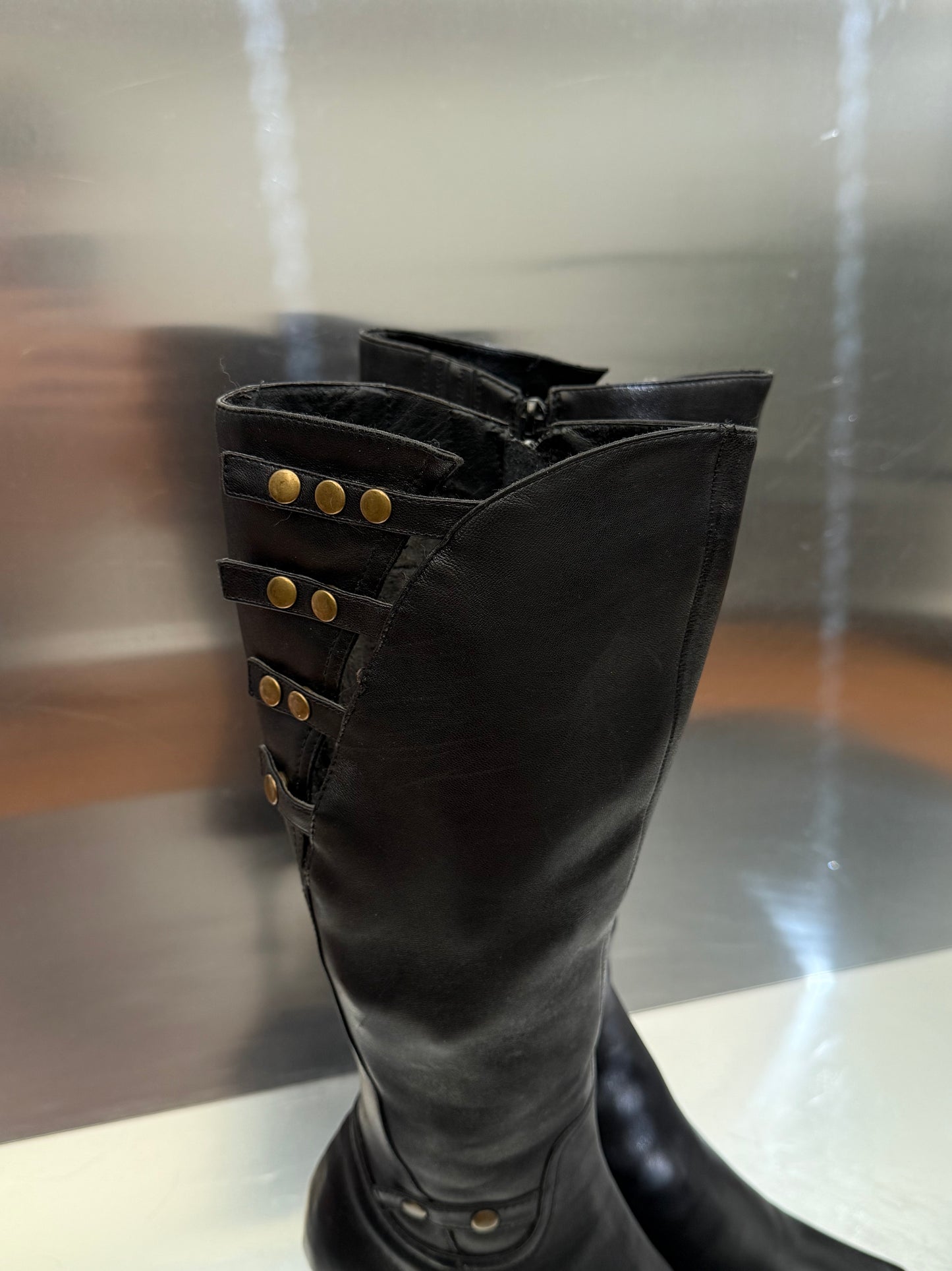 Vintage Black Leather High Boots with Stud Details Twinkling Global