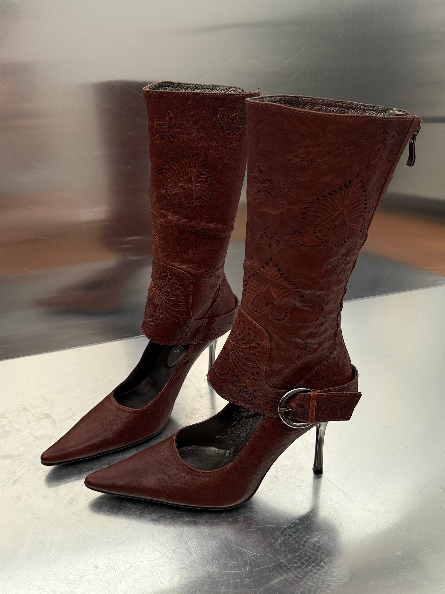 Vintage Brown Leather Gaiter-Style Pump Boots Twinkling Global