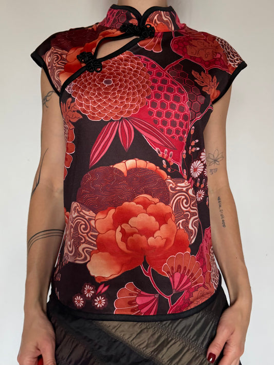 Asian-Inspired Stretchy Vintage Top – Floral Print  Twinkling