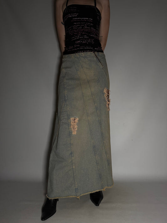 Vintage Rust-Washed Denim Maxi Skirt Twinkling