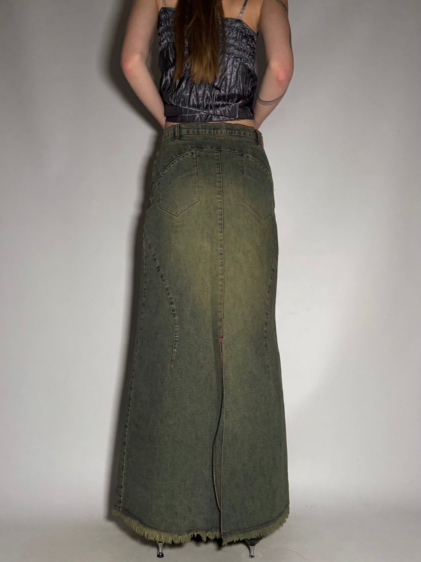 Vintage Maxi Denim Skirt with Flower Print and Contrast Stitching TWINKLING