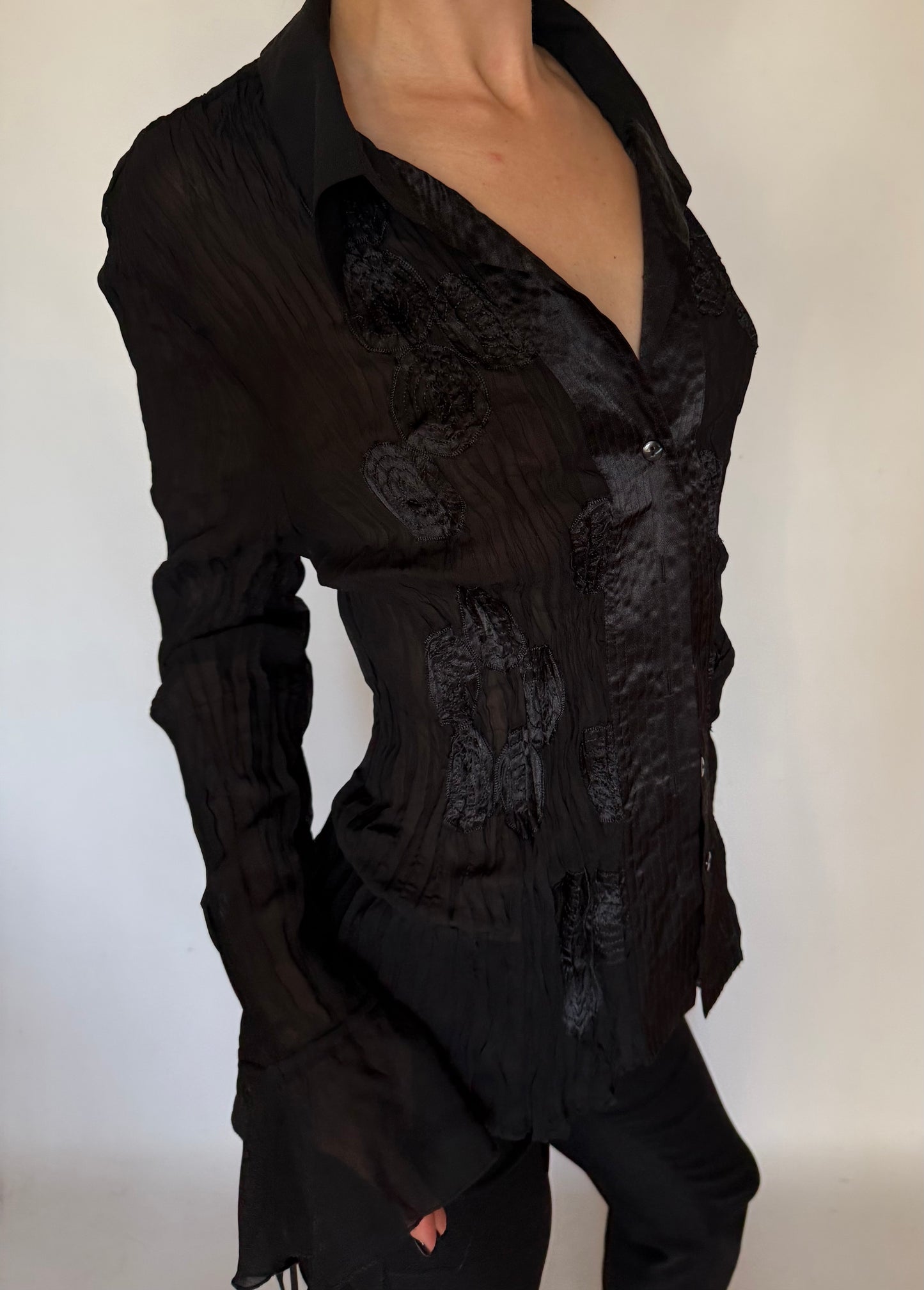 Vintage Black Textured Blouse with Flared Sleeves Twinkling Global