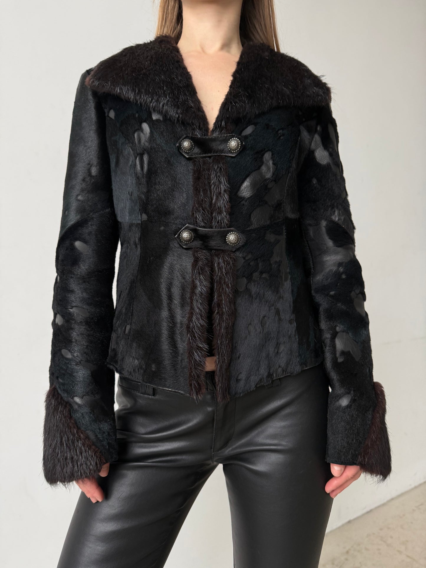 Vintage pony fur & leather fitted jacket – black-blue mix TWINKLING GLOBAL