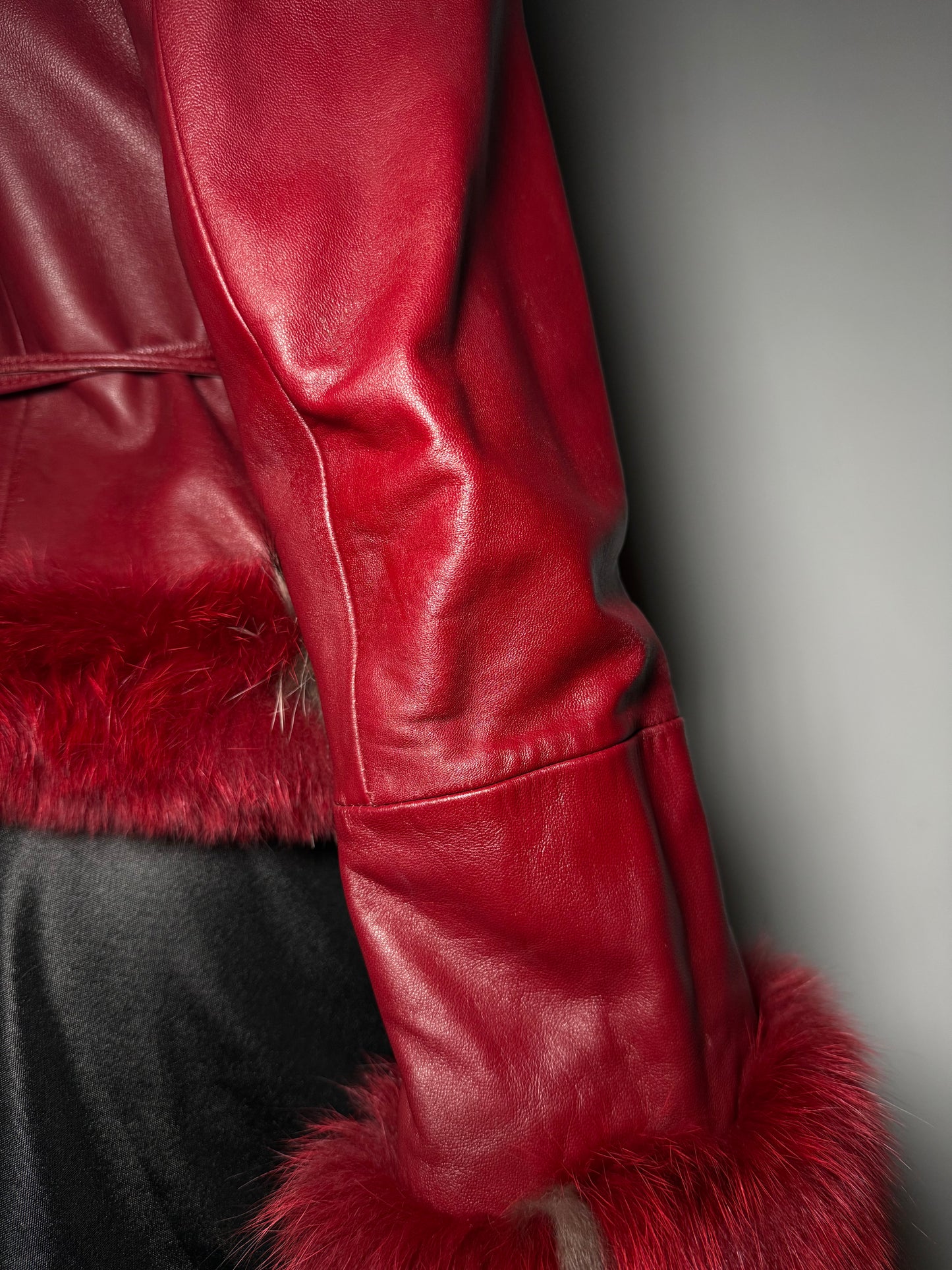 Vintage Red Leather Wrap Jacket with Real Fur TWINKLING GLOBAL