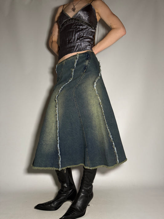 Y2K Distressed Denim Maxi Skirt with Sequin Floral Appliqué TWINKLING