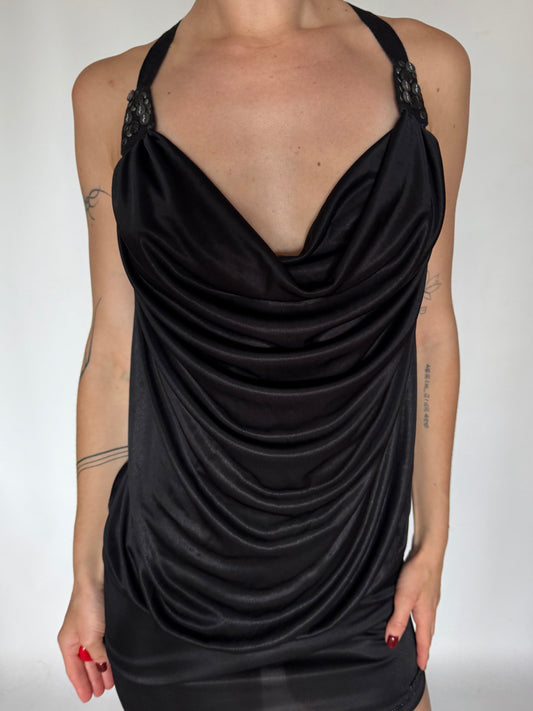 Y2K Black Stretchy Mini Dress with Cowl Neck Twinkling