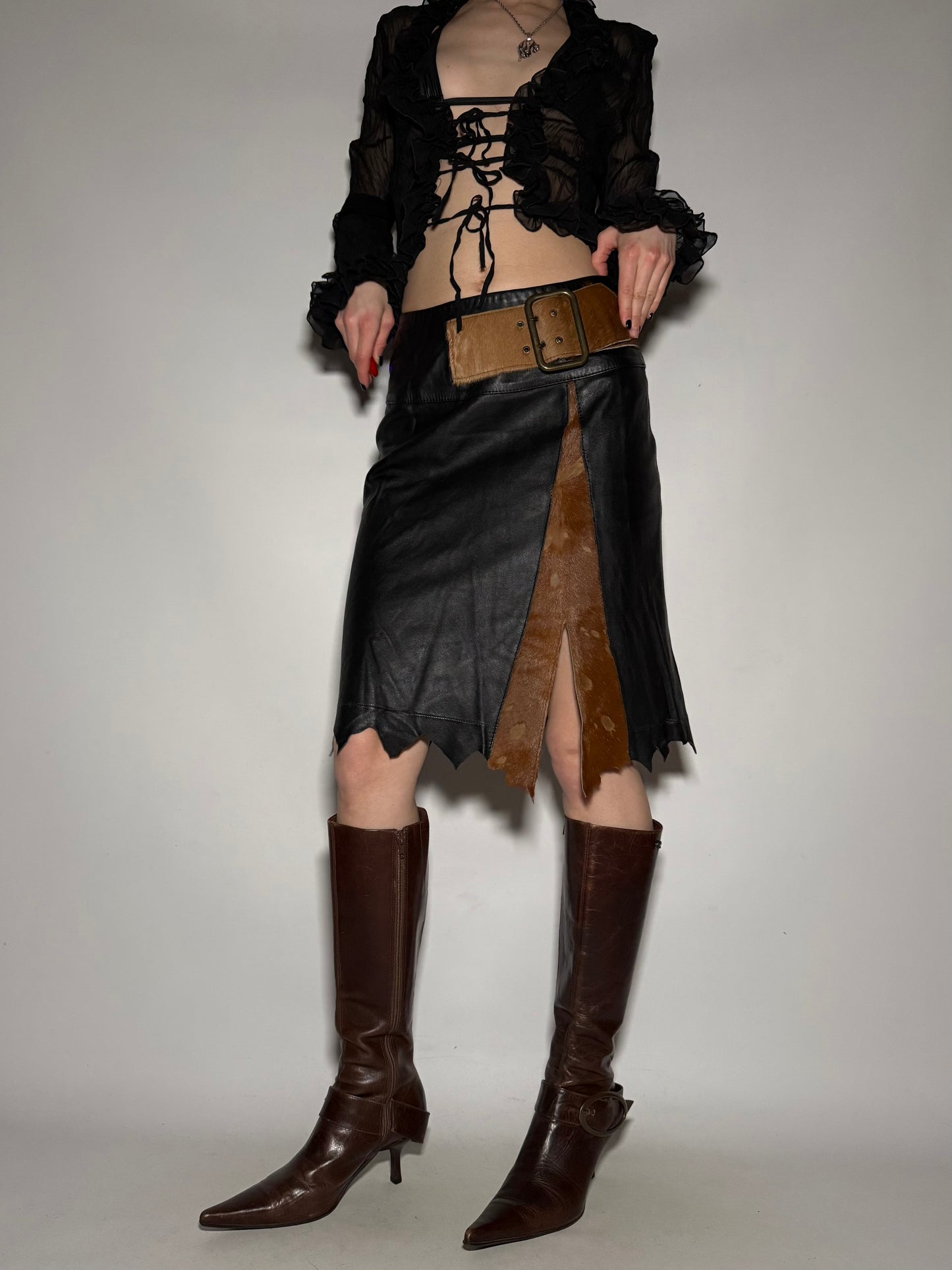 Vintage Leather Skirt with Fur Trim - TWINKLING GLOBAL