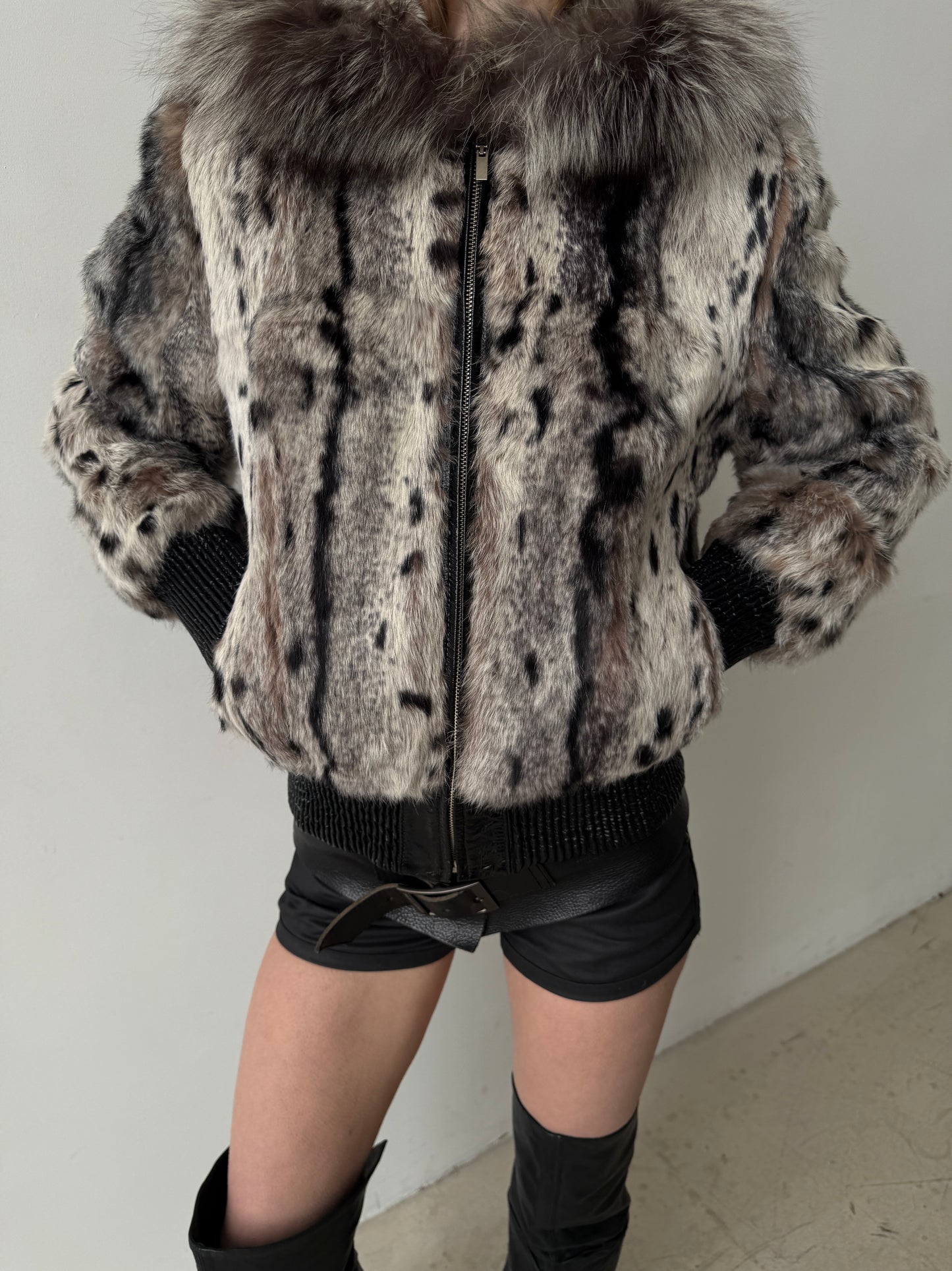 Vintage genuine leather jacket with natural rabbit fur and hood TWINKLING GLOBAL