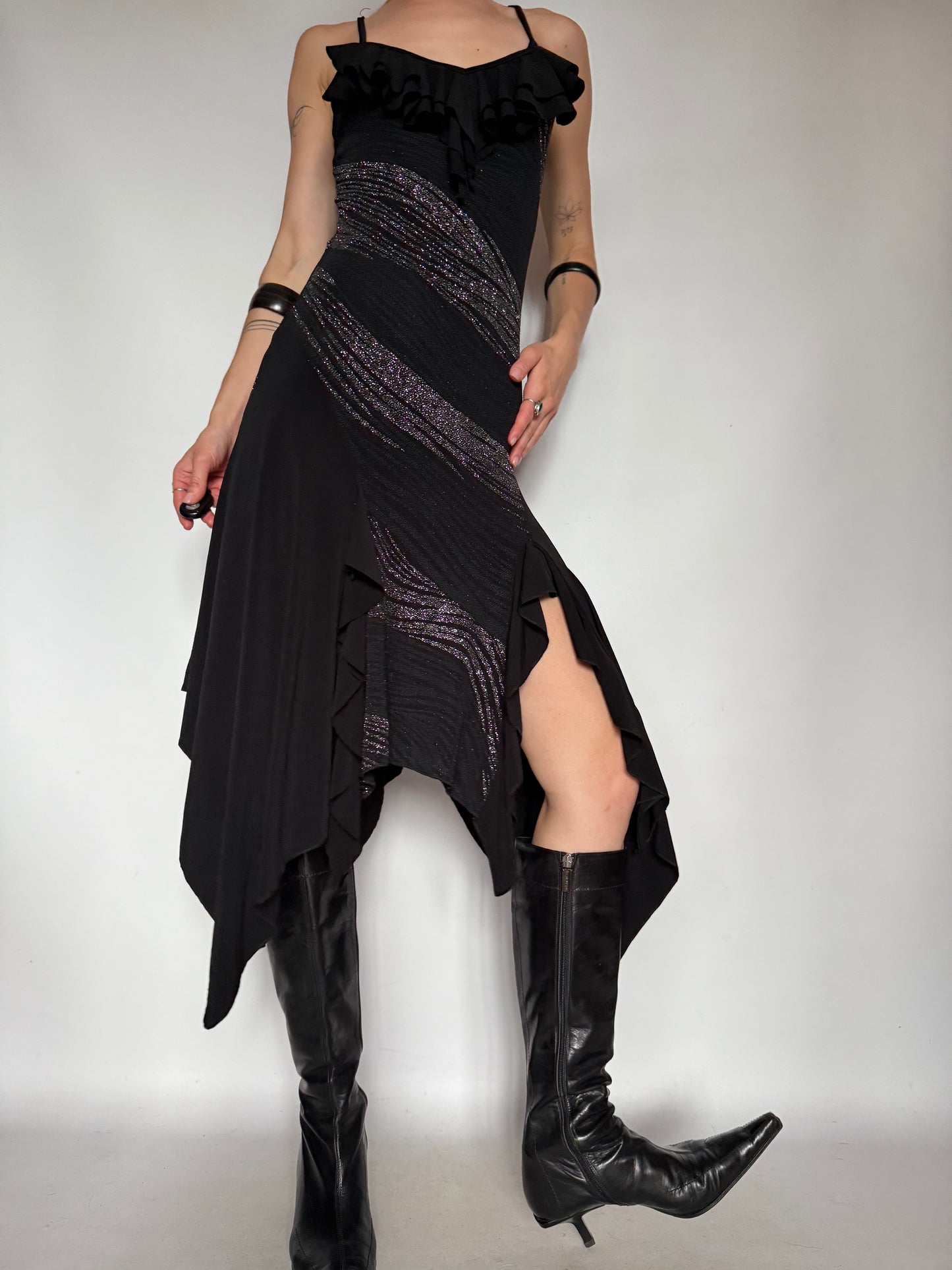 Vintage Black Asymmetrical Midi Dress with Metallic Stripes – Twinkling Global