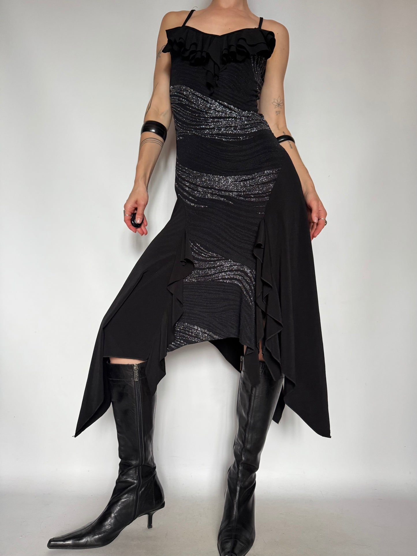 Vintage Black Asymmetrical Midi Dress with Metallic Stripes – Twinkling Global