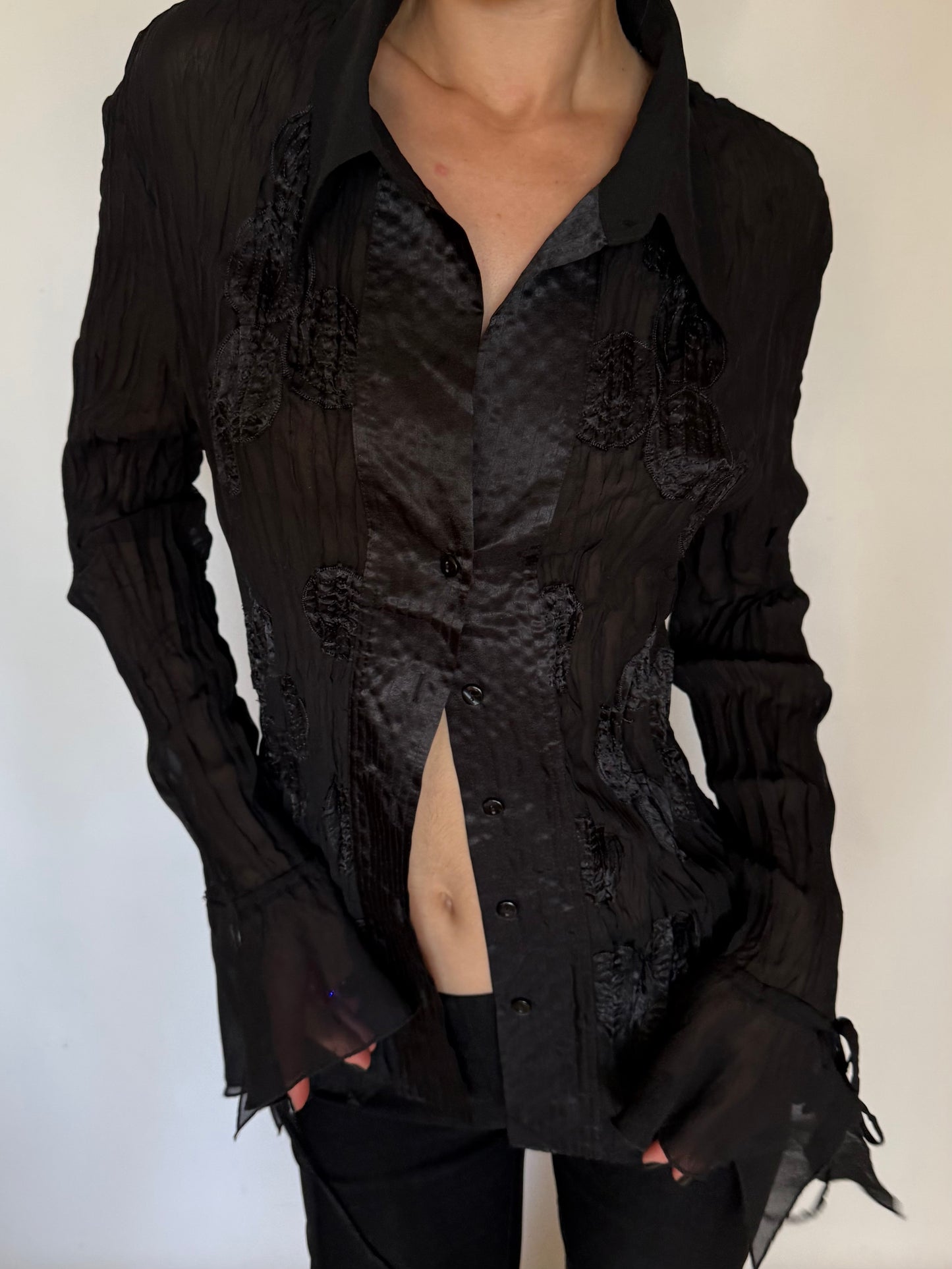 Vintage Black Textured Blouse with Flared Sleeves Twinkling Global