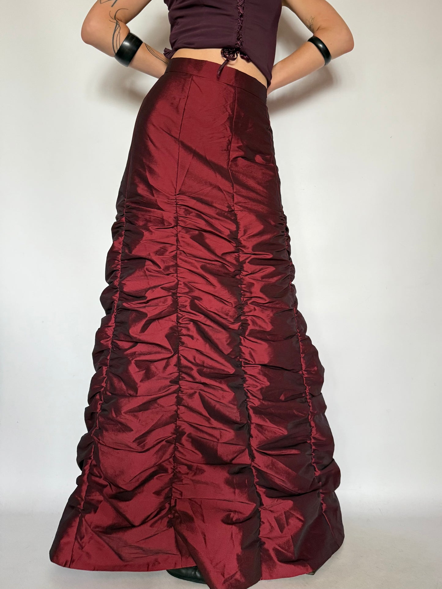 Vintage Burgundy Ruched Maxi Skirt – Twinkling Global