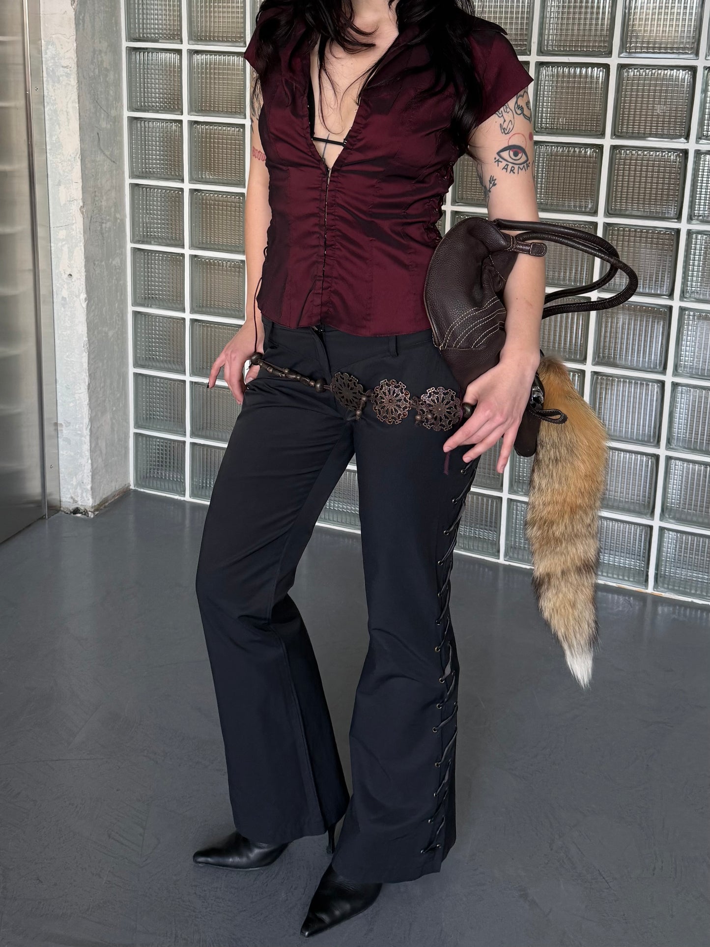 Vintage Flared Trousers with Lace-Up Detail - TWINKLING GLOBAL