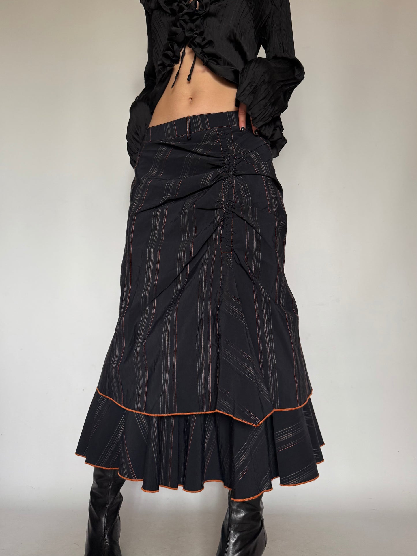 Vintage Black Striped Midi Skirt with Orange Hem Twinkling Global