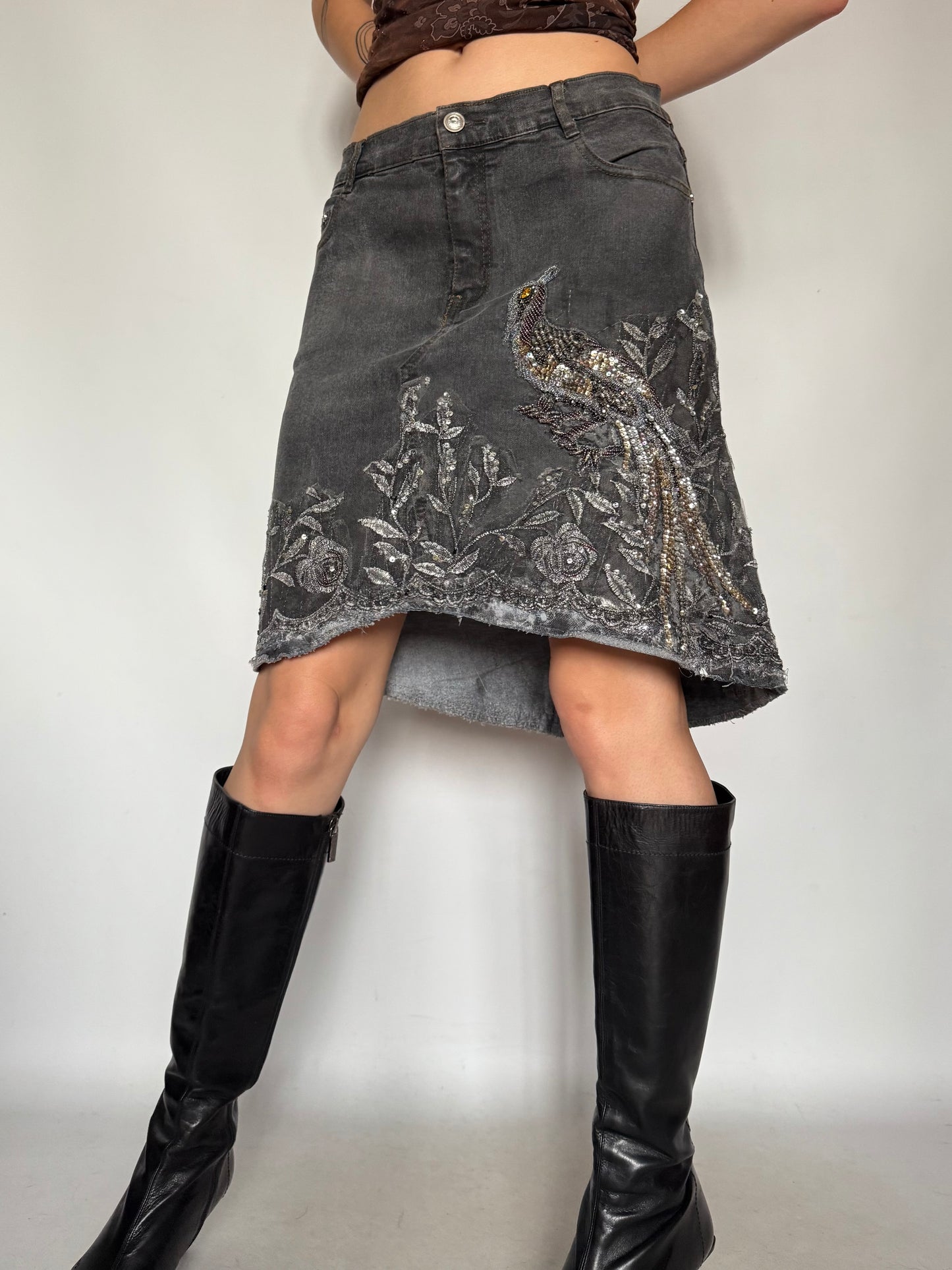 Vintage Grey Embroidered Midi Skirt – Twinkling Global