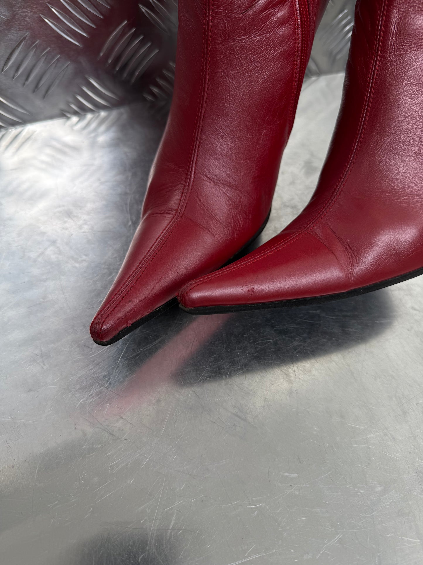 Vintage red leather over-the-knee boots with removable straps Twinkling Global