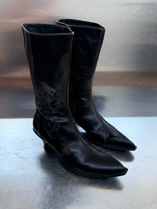 Vintage Black Leather Boots with Tribal Detail Twinkling Global